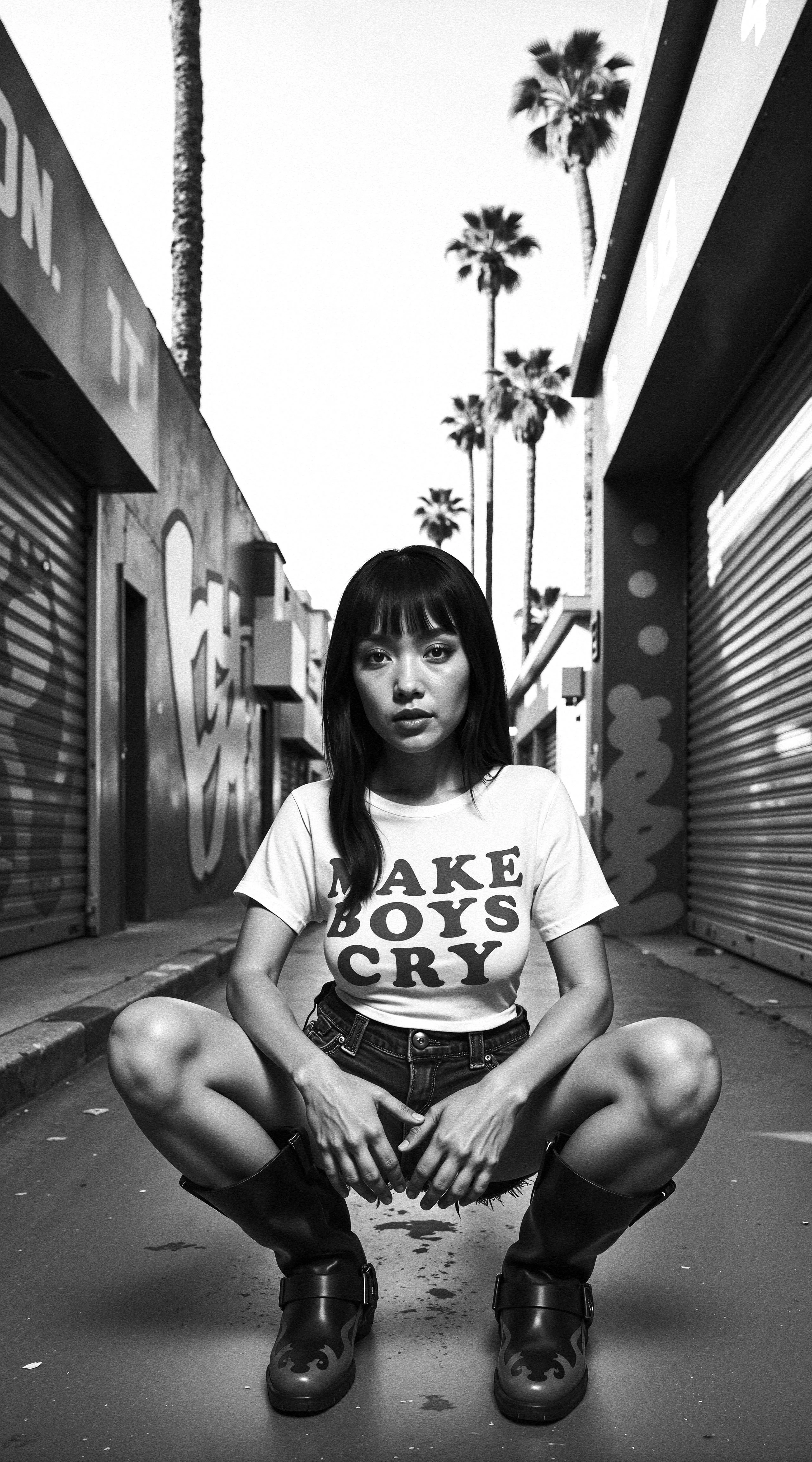 "clothing": {
"top": {
"type": "white t-shirt",
"color": "white",
"fit": "oversized, slightly structured",
"details": "red lettering 'Make Boys Cry' on the front"
},
"bottom": {
"type": "denim hotpants",
"color": "blue",
"fit": "short, fitted",
"details": "frayed hem"
},
"accessory": {
"type": "large black belt",
"fit": "worn at the waist",
"details": "bold, statement buckle"
}