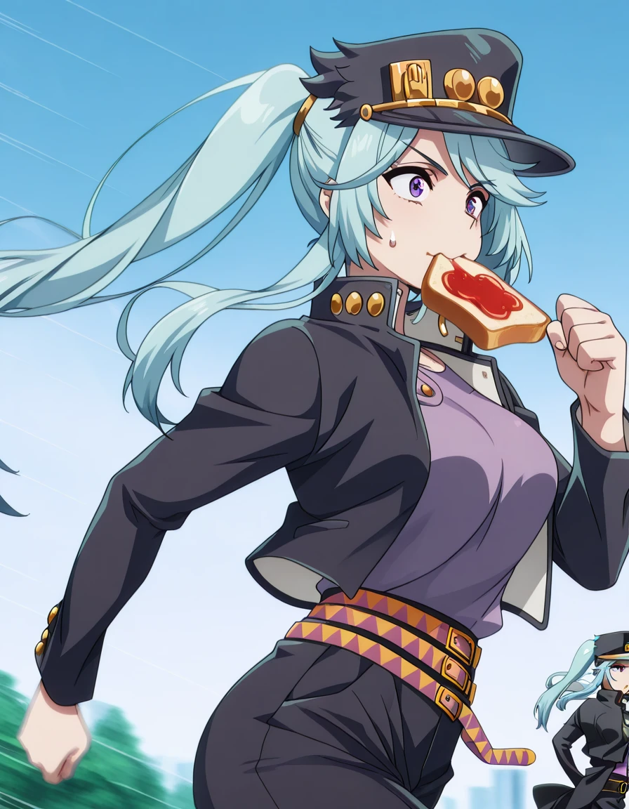 masterpiece, best quality, amazing quality,, <lora:shadow-epsilon-s1-illustriousxl-lora-nochekaiser:1>, epsilon, long hair, twintails, blue hair, purple eyes, sidelocks, mature female, medium breasts, anime screencap, <lora:kujo-jotaro-cosplay-illustriousxl-lora-nochekaiser:1>, kujo jotaro cosplay, kujo jotaro (cosplay), gakuran, cosplay, belt, black headwear, black jacket, black pants, high collar, multiple belts, pants, shirt,, <lora:food-in-mouth-running-illustriousxl-lora-nochekaiser:1>, food in mouth running, food in mouth, running, bread, bread slice, food, toast in mouth, toast, sweatdrop, motion lines, motion blur, outdoors, cowboy shot, from side, ,