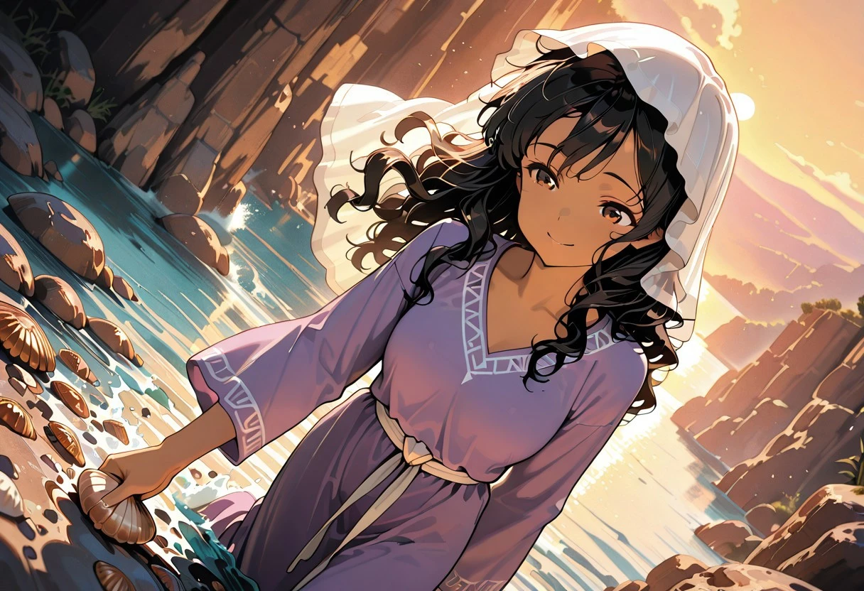 warm colors, masterpiece, best quality, anime, amazing quality, girl, ultra detailed, 8k ultra hd, 
black hair,  perfect brown eyes, long hair, long wavy hair, medium breasts, brown skin, biblical clothing, ancient Israelite, (purple:1.3) Wool tunic,long dress, v neck, long loose sleeves,( long white linen veil:1.3), white linen sash belt,( in a rocky river , picking up seashells,:1.3)
morning time, happy, perfect eyes, happy, relaxed, hair in motion, wind, spectacularly,beautiful angle, epic, atmospheric,high detail, halftone effect