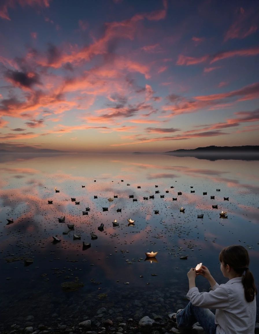 AlaMagna Style.
A photograph of a young girl sitting on the shore of a lake at sunset, looking out over the water. She is wearing a white shirt and has long brown hair tied back in a ponytail. The sky is filled with vibrant shades of pink, purple, and blue, reflecting the warm light of the setting sun. The lake is calm and still, with small white paper boats floating in the water, creating a peaceful and serene atmosphere. The girl is holding a small paper boat in her hands, adding a touch of whimsy to the scene. The overall mood is peaceful and contemplative, evoking a sense of serenity and tranquility.