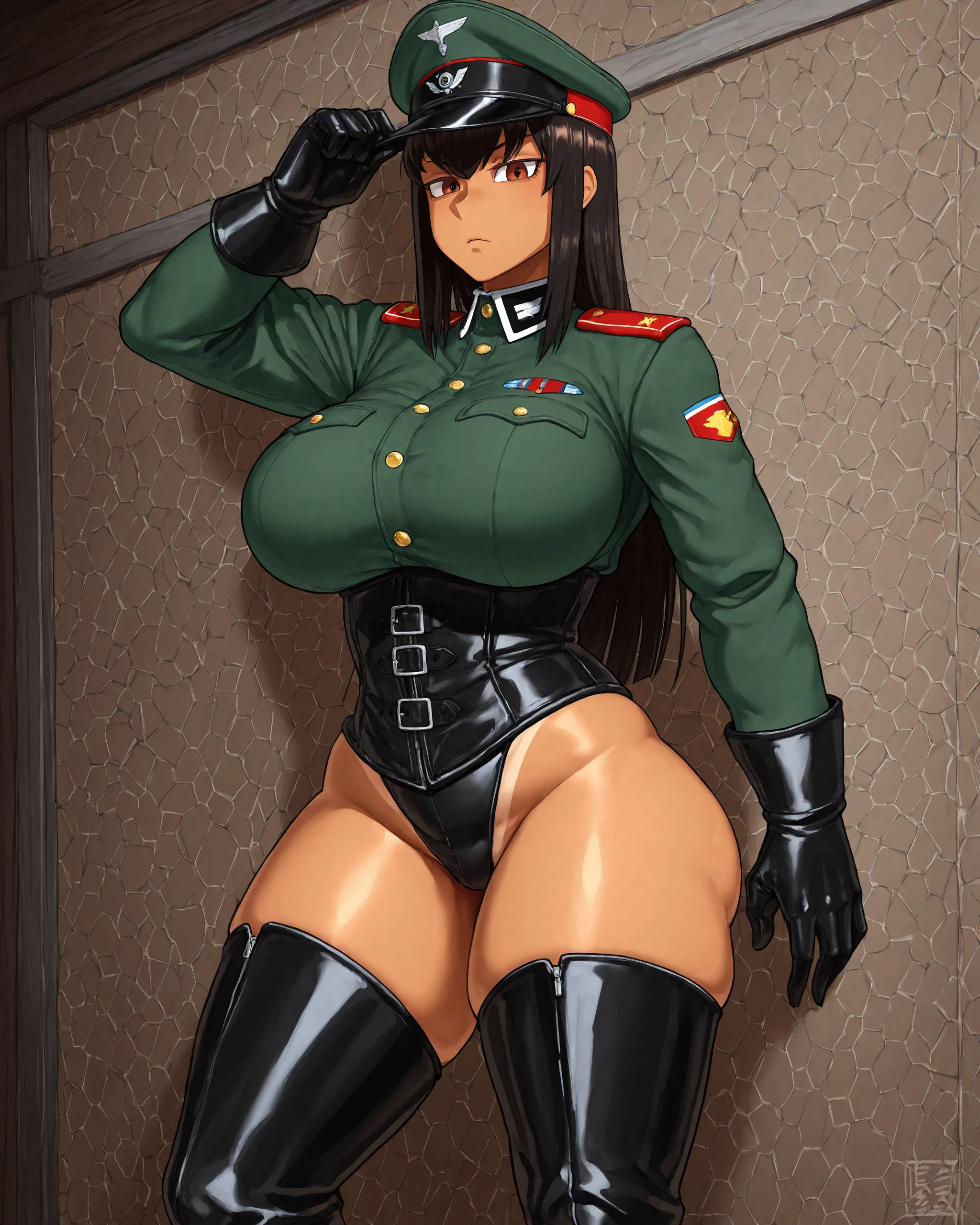 masterpiece, Highest quality, One girl, Are standing, alone, Big Breasts, Narrow waist, thick thighs black army uniform, Epaulettes, thigh boots, army uniform, army, uniform, belt, Shorts, boots, Earrings, jewelry, gloves, Knee socks, Wall Don POV, 邪悪なsmile, smile, Evil Face,, Mischievous face