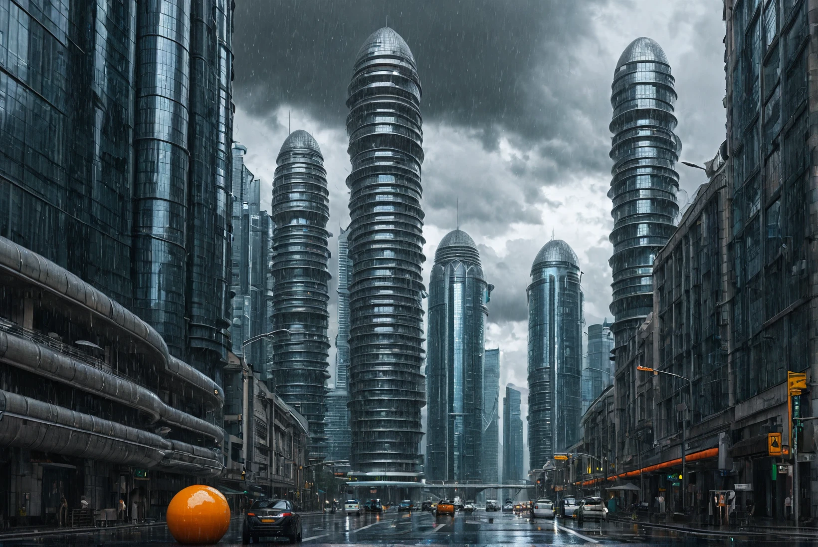 A nacked woman (good proportion:1.7) walking in the street, sci-fi futuristic city, create cylinder-shaped sci-fi futuristic skyscrapers, a city with cylindrical sci-fi futuristic large skyscrapers (with a lot of windows and balcony:1.7) and (an elongated  ball on top of the skyscrapers:1.5), (front view:1.7), ( traffic sign:1.3), colors variation, cloudy, rainy, epic rain details, realistic, hyperrealism, 8k, hyper detailled, epic details, epic scale <lora:dick_city:0.1> <lora:cyberhanfu_20230617014620:0.6>