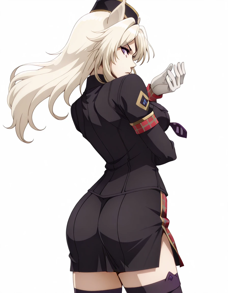 masterpiece, best quality, amazing quality,, <lora:shadow-zeta-s1-illustriousxl-lora-nochekaiser:1>, zeta, animal ears, purple eyes, blonde hair, mature female, medium breasts, anime screencap, <lora:healer-u-armor-illustriousxl-lora-nochekaiser:1>, healer u armor, garrison cap, gloves, hat, healer u (armor), military, military uniform, necktie, nurse, skirt, thighhighs, white gloves, zettai ryouiki, plaid,, <lora:dio-brandos-pose-illustriousxl-lora-nochekaiser:1>, dio brandos pose, dio brando's pose (jojo), back, ass, from behind, jojo pose, standing, cowboy shot,, , <lora:transparent-background-illustriousxl-lora-nochekaiser:1>, transparent background, simple background, white background