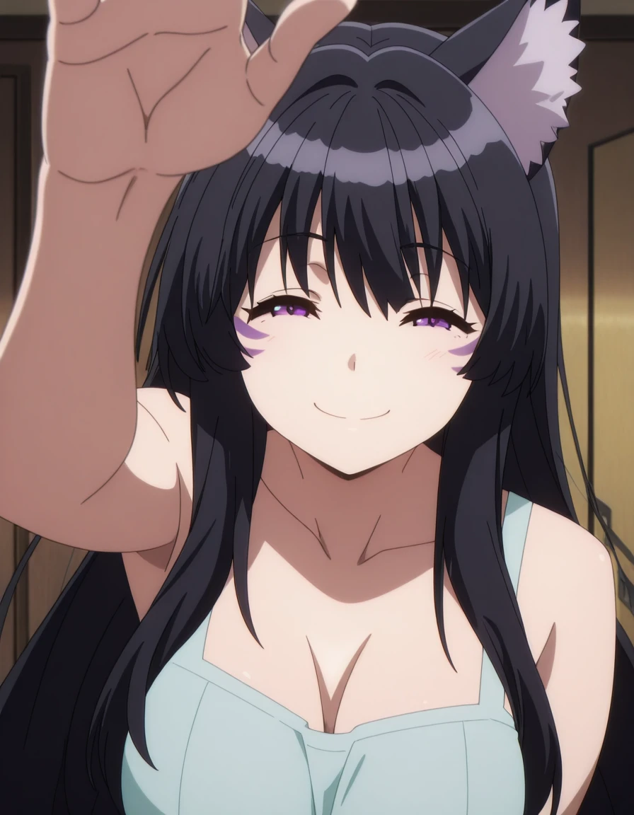 masterpiece, best quality, amazing quality,, <lora:shadow-delta-s1-illustriousxl-lora-nochekaiser:1>, delta, long hair, black hair, animal ears, purple eyes, cat ears, animal ear fluff, facial mark, mature female, medium breasts, anime screencap, <lora:incoming-headpat-illustriousxl-lora-nochekaiser:1>, incoming headpat, headpat, pov, outstretched arm, reaching, reaching towards viewer, looking at viewer, closed eyes, smile, upper body, ,