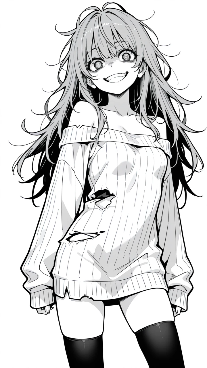 no.6,1girl,solo,long hair,monochrome,smile,grin,thighhighs,messy hair,simple background,sweater,dress,bare shoulders,small breasts,sleeves past wrists,white background,off shoulder,breasts,greyscale,looking at viewer,collarbone,medium breasts,crazy eyes,standing,torn clothes,sweater dress,crazy smile,
masterpiece,best quality,amazing quality,very aesthetic,absurdres,newest,