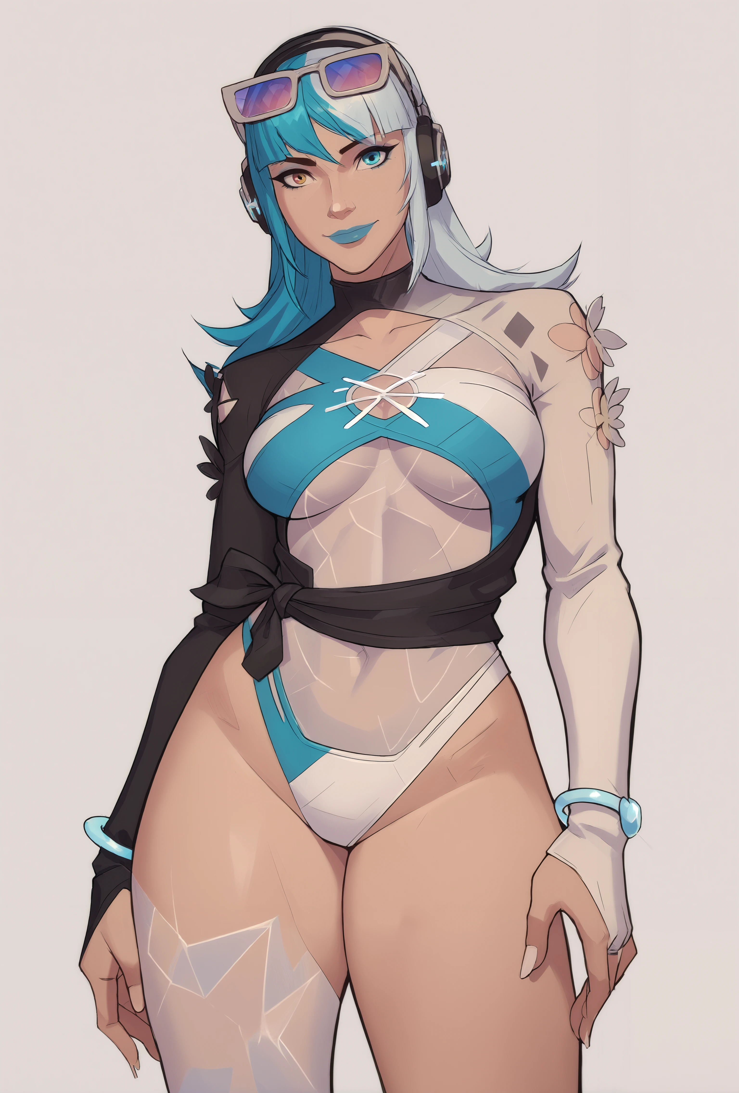 score_9, score_8_up, score_7_up, score_6_up,,luna_gotonai_swimsuit,, colored hair, headphones, sunglasses, tie top, top, long sleeves, breasts, underboob, swimsuit, highleg, highcut, crystal, crystal texture, legwear, thighhighs, cowboy shot, looking at viewer, (large breasts:1.2), standing, white background, simple background, <lora:AsuraLycoXL:0.6> <lora:luna_swimsuit-000032:0.9> <lora:PhilBourrassaXLLocon:0.8>,heterochromia, looking at viewer, smile,