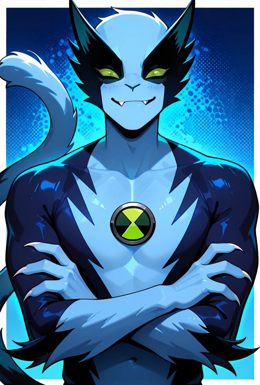 <lora:fastrack-10:1> fastrack, solo, blue skin, green eyes, 1boy, claws, green badge, fang, feline tail, wide jaw, masculine, blue chest, body fur, smile, looking at viewer, blue background, crossed arms,, masterpiece, best quality, amazing quality, very aesthetic, absurdres, newest,, upper body, halftone effect, white borders, abstract background:1.2,