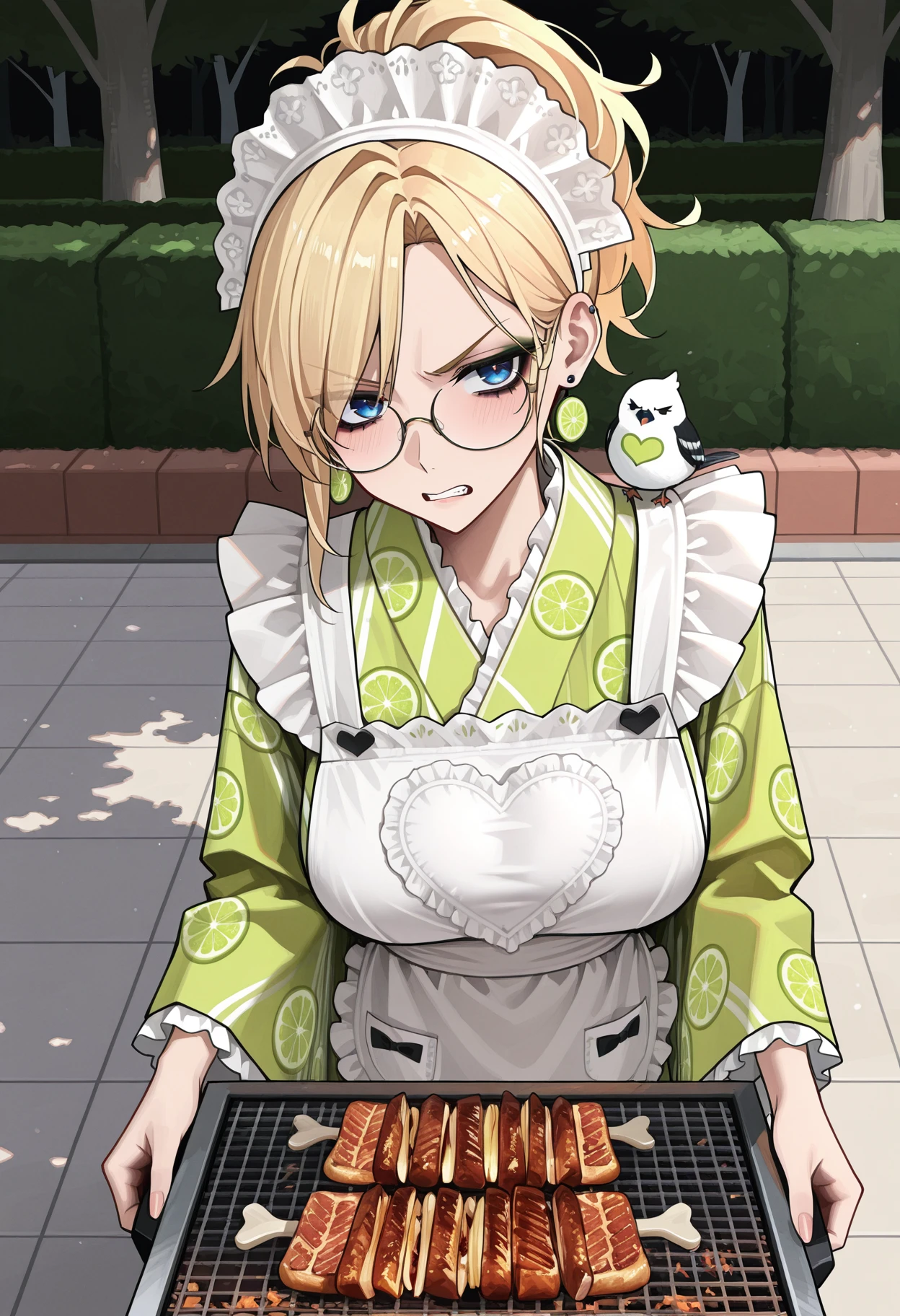 1girl, blonde ponytail, blue eyes, mascara, glasses, earrings, big natural breasts,
park, grill, cooks meats, front view, from above, angry, bird on shoulder,
<lora:AmyBentonMaidIL:1>,amybentonmaid12, japanese clothes, kimono, print kimono, short kimono, animal and strips print, white apron, lace, frills, heart print on apron, headdress, lime kimono,
masterpiece,best quality,amazing quality, <lora:lmia4IL-style:0.8>, llmia4,