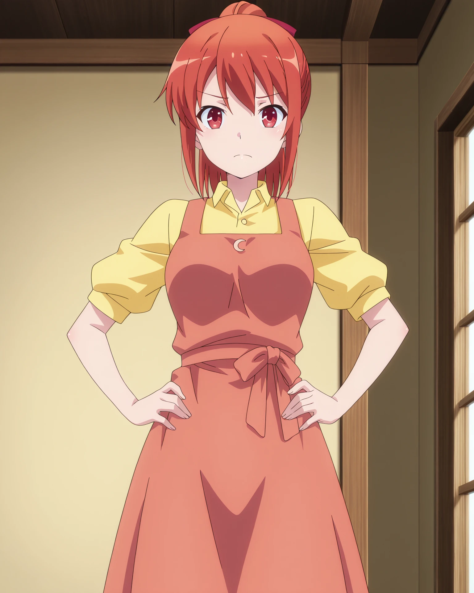 amazing quality, 4k, ultra-detailed, absurdres, high resolution, beautiful lighting, cinematic composition, sharp focus, crisp detail, high contrast, newest, (masterpiece:1.3), (best quality:1.3), (anime screencap:1.5),
1girl, standing, cowboy shot, hands on hips or side, confident expression, looking at viewer, perfect anatomy, detailed clothing folds, smooth shading, full exposure of upper thighs and torso, natural light bounce,
neutral background , focused character lighting, clean atmosphere, shallow depth of field,
<lora:susamix010-pony:0.6> (anime coloring),
<lora:Mika_Micah:1> mikaisksmpn, red eyes,
<lora:AddMicroDetails_Illustrious:0.3> addmicrodetails, (medium breasts)