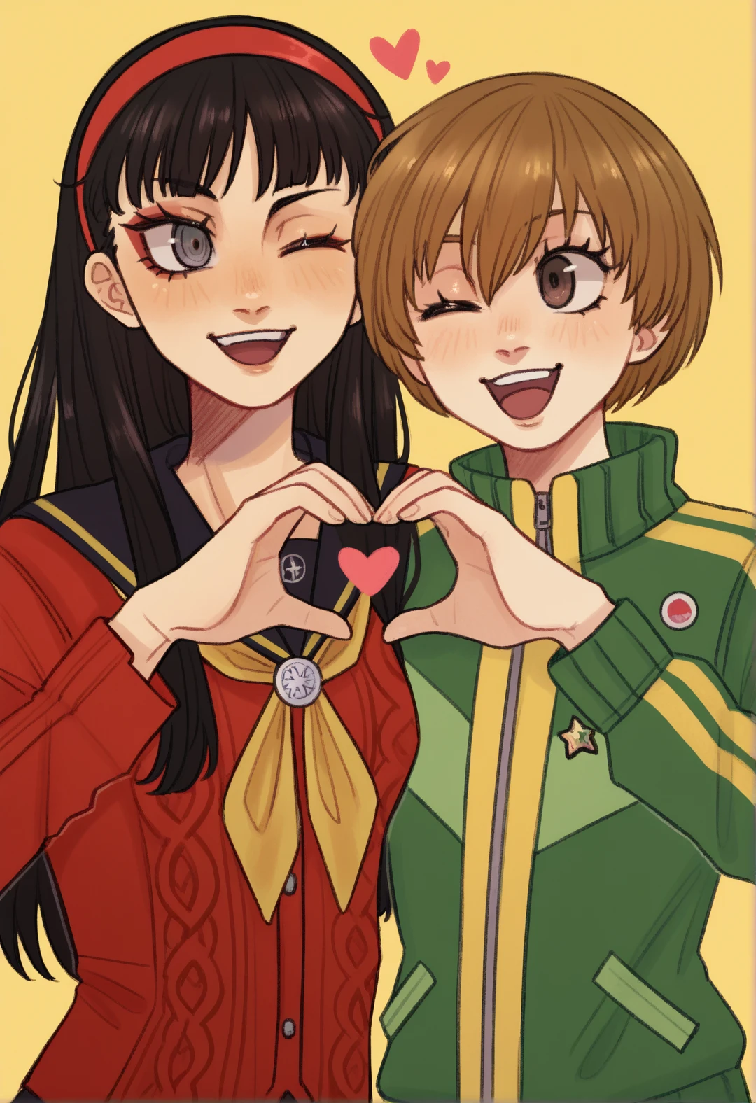 <lora:MCNsVtiramisoups:1> MCNsVt1r4m1s0up,amagi yukiko, satonaka chie,2girls, :d, badge, black hair, black sailor collar, , brown eyes, brown hair, button badge, eyelashes, green jacket, grey eyes, hair between eyes, heads together, heart, heart hands, heart hands duo, jacket, long hair, long sleeves, multiple girls, neckerchief, one eye closed, open mouth, orange neckerchief, sailor collar, school uniform, short hair, small , smile, teeth, track jacket, upper body, upper teeth only, yasogami school uniform, yellow background,