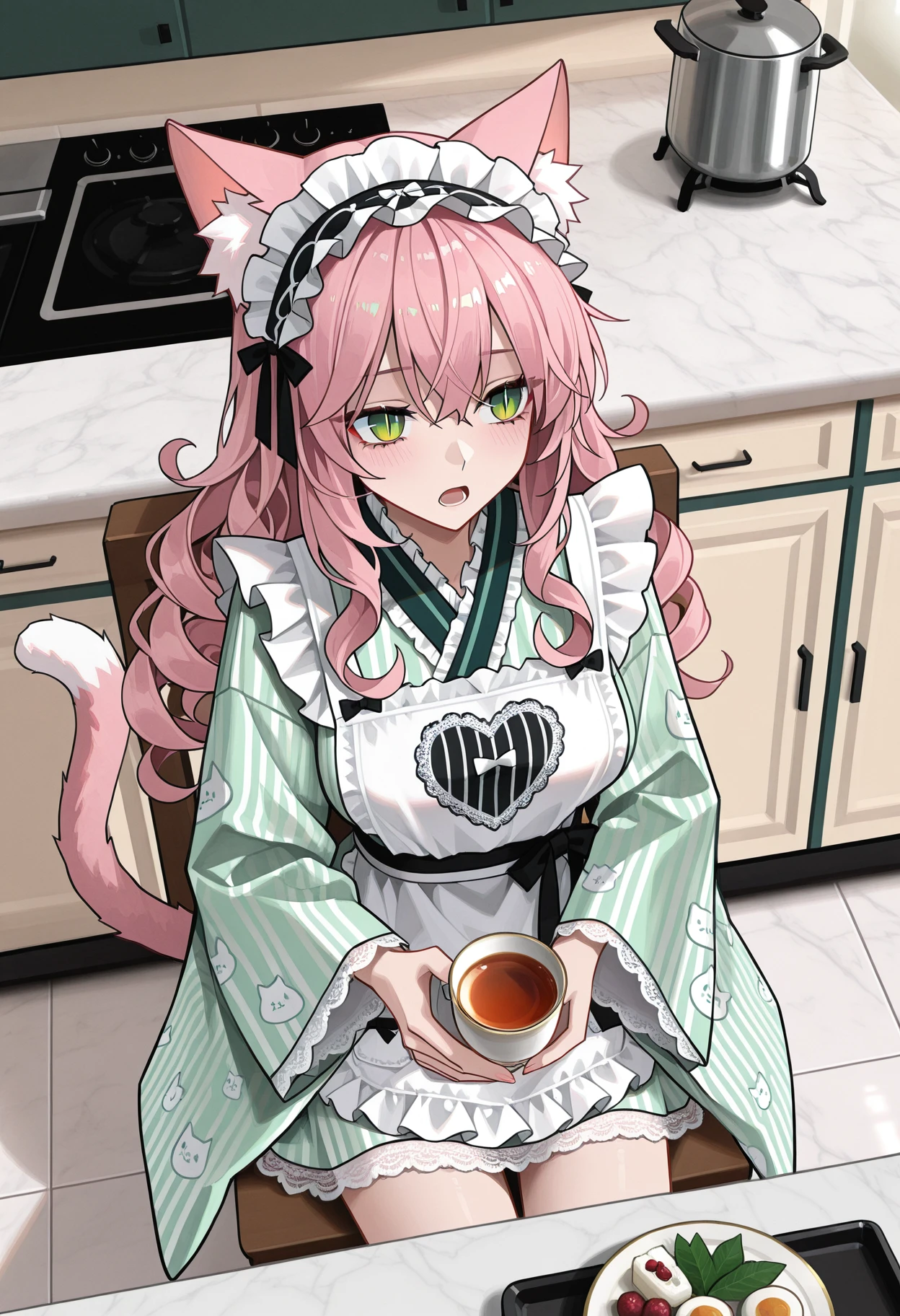 1catgirl, skinny, medium breasts, pink cat tail, pink ears, long hair, curly hair, pink hair, green eyes, slit pupils,
animal ear fluff, open mouth,
from above,
indoors, kitchen, table, food, sitting on chair, holding cup, tea,
<lora:AmyBentonMaidIL:1>,amybentonmaid12, japanese clothes, kimono, print kimono, short kimono, animal and strips print, white apron, lace, frills, heart print on apron, headdress, green kimono,
masterpiece,best quality,amazing quality, <lora:lmia4IL-style:0.8>, llmia4,