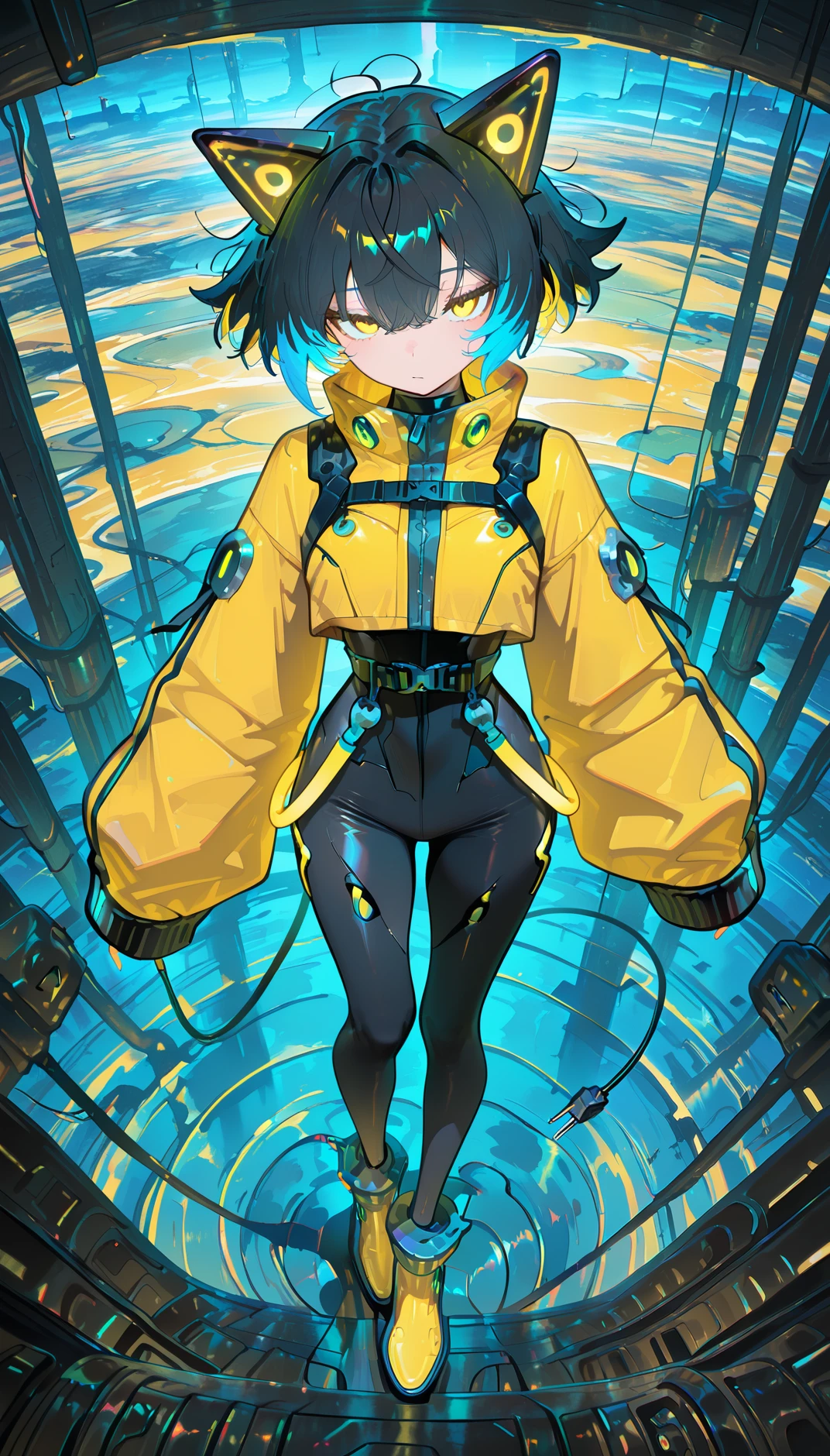masterpiece, best quality, amazing quality, very aesthetic, absurdres,  newest, scenery,
, 0_0, Balancing on one foot, full body, from above, , electrocat, 1girl, 
black hair, short hair,ahoge,  multicolored hair, yellow highlights, blue highlights, 
cat ears, cyber ears, glowing accents, yellow eyes,
yellow jacket, oversized sleeves, cropped jacket,
black , skin-tight, high-waist belt, utility straps, harness,
futuristic boots, yellow boots, black and yellow shoes, ankle cuffs,
electric plug tail, 
dynamic poses, ,
simple background, , animated, dynamic angle, close-up,portrait, fisheye lens, detailed face,colorful, close-up, masterpiece, best quality, amazing quality, very aesthetic, absurdres, newest, scenery, volumetric lighting