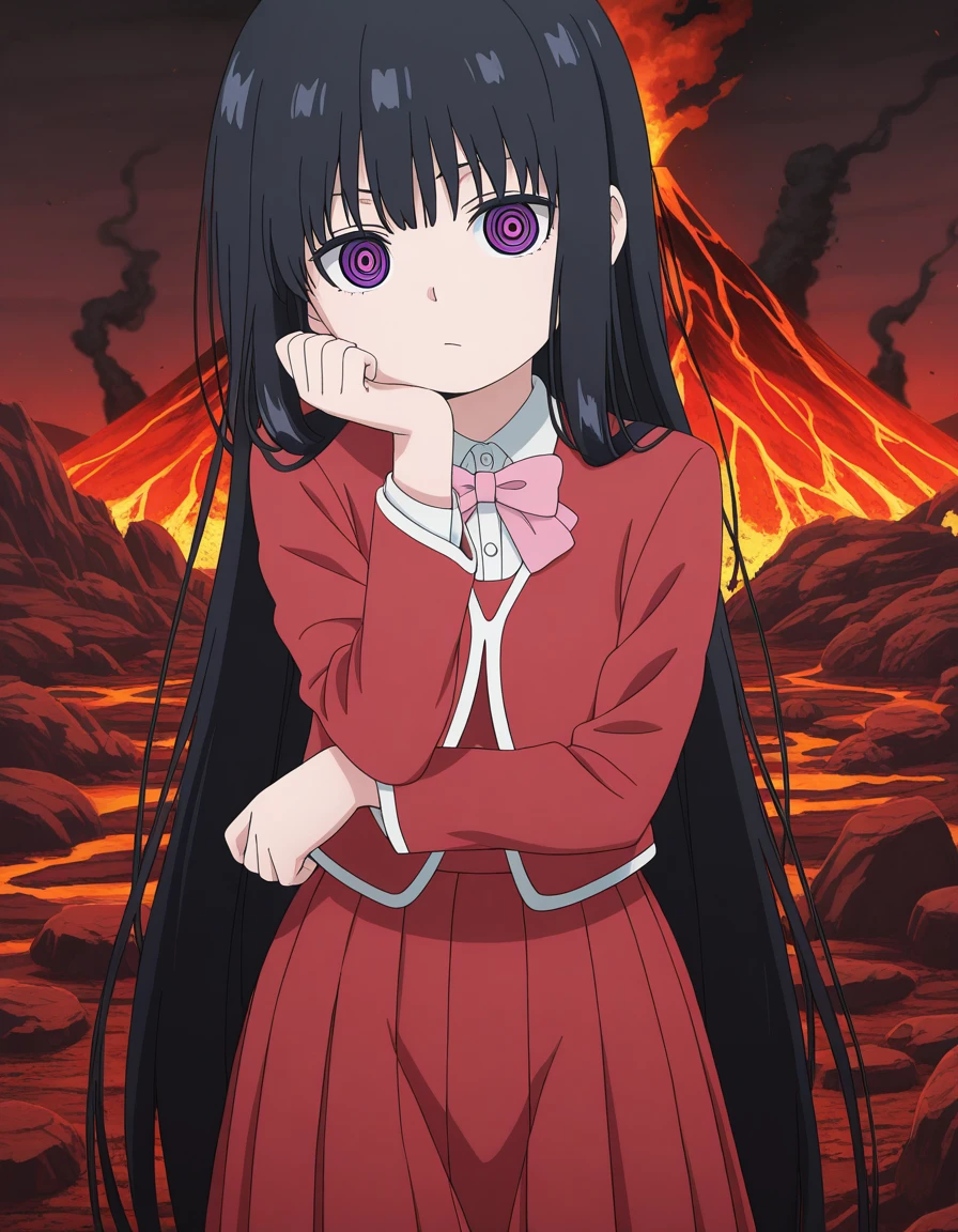 masterpiece, best quality, amazing quality,, <lora:oto-adashino-s1-illustriousxl-lora-nochekaiser:1>, oto adashino, long hair, bangs, black hair, very long hair, purple eyes, ringed eyes, anime screencap, skirt, shirt, long sleeves, bow, jacket, white shirt, bowtie, red skirt, pink bow, red jacket, pink bowtie,, head rest, volcano, lava, rock, fire, smoke, cowboy shot, solo, looking at viewer,