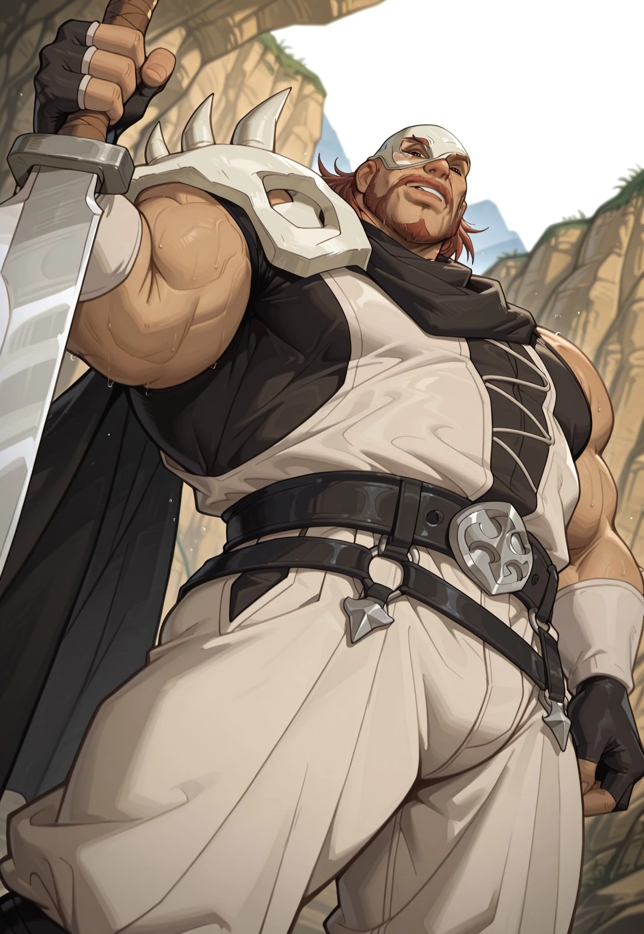 core_8_up,score_7_up,score_6_up, 
dutch angle, full-length portrait, dynamic pose,standing,Fighting Stance,
BREAK
mature male, Thick eyebrows, perfect hands,
bodily,tlarger men, Big body, broad shoulders,stocky_body,1boy,
peng1yue,fingerless gloves,white chinese clothing,belt,waist ring,helmet,cloak,scapula,white wristband,grey crotch protector,white pants,Holding huge machete,Red facial hair,
BREAK
multicolored background,Hills,Rocky cliffs,
BREAK
looking at viewer,pubic hair,sweat,smug,orgasm face,from below,from side,
BREAK 
very awa, masterpiece, best quality, absurdres, newest, perfect quality, detailed background, intricate details,good quality,
holoed3n,w0lfc0nf,