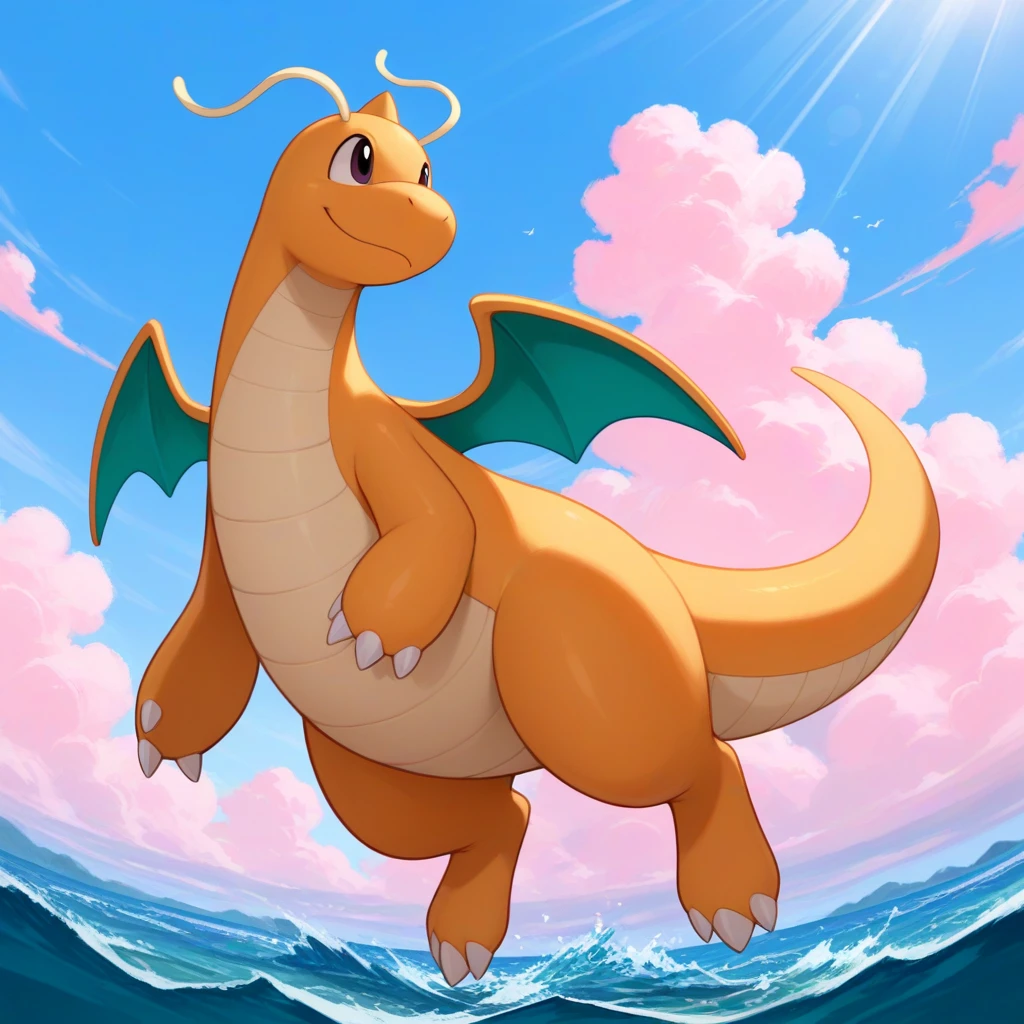 solo, pokemon \(creature\), cowboy shot, dragonite, flying, sky, couds, pink clouds, sunbeam, ocean, dynamic angle, masterpiece, best quality, high quality, absurdres, highres