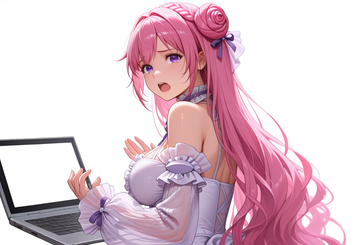1girl, laptop, tearing up, upper body, looking at viewer, looking back, open mouth, hands up, white background, simple background, <lora:it's_all_fucking_lewds_memev3:1.2> <lora:dorothy-nikke-richy-v1_ixl:1> drthdf, purple eyes, pink hair, very long hair, braid, single hair bun, hair ornament, hair ribbon, purple ribbon, large breasts, frilled choker, neck ribbon, halterneck, white dress, center frills, frilled dress, see-through sleeves, sleeves past wrists, bare shoulders, upper body,