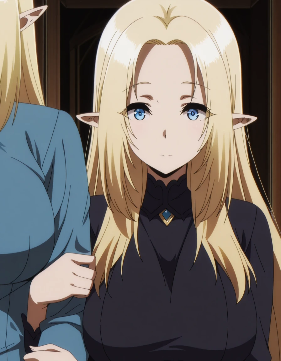 masterpiece, best quality, amazing quality,, <lora:shadow-alpha-s1-illustriousxl-lora-nochekaiser:1>, alpha, long hair, blue eyes, blonde hair, pointy ears, elf, mature female, breasts, anime screencap, <lora:locked-arms-illustriousxl-lora-nochekaiser:1>, locked arms,, ,