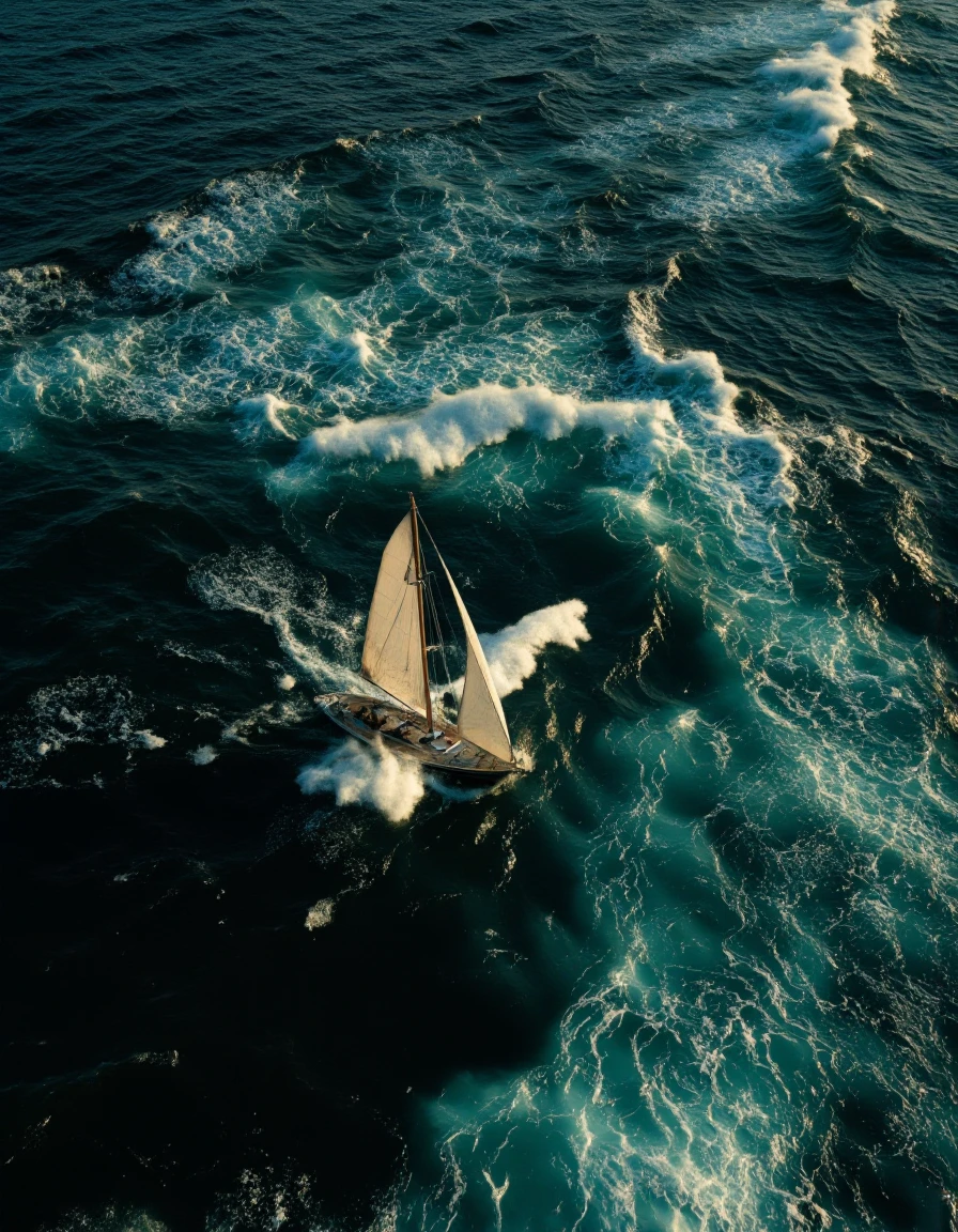 AlaMagna Style. 
Aerial view of a small sailboat sailing in the ocean, with its sails billowing in the wind. The boat is surrounded by turbulent, teal-green waters, with small waves crashing around it. The sun is shining brightly, casting a warm glow on the boat and creating a peaceful atmosphere. The sailboat is in the center of the frame, with the surrounding ocean stretching out in all directions. The image is taken from a high angle, giving a bird's eye view of the boat from above. The resolution of the image is high, making it suitable for use as an iPhone wallpaper.