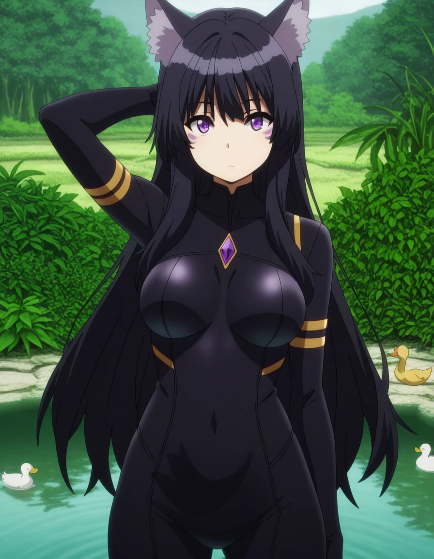 masterpiece, best quality, amazing quality,, <lora:shadow-delta-s1-illustriousxl-lora-nochekaiser:1>, delta, long hair, black hair, animal ears, purple eyes, cat ears, animal ear fluff, facial mark, mature female, medium breasts, anime screencap, bodysuit, black bodysuit,, hand behind head, , pond, still_water, plants, ducks, peaceful, cowboy shot, solo, looking at viewer,