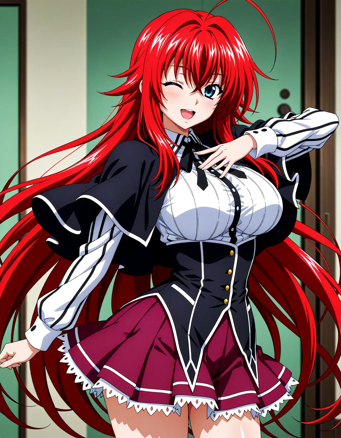 <lora:dmd2_sdxl_4step:1>,1girl,official style,masterpiece,best quality,newest,very aesthetic,highly detailed,high resolution,absurdres,highres,depth of field,super detailed skin,very awa,Anime,anime coloring,anime screencap,rias gremory,very long hair,red hair,blue eyes,ahoge,crossed bangs,<lora:rias_gremory_V1:1>,black capelet,striped shirt,white shirt,neck ribbon,black ribbon,long sleeves,black corset,buttons,pleated skirt,frilled skirt,purple skirt,stylish_pose,smile,posing,open mouth,one eye closed,