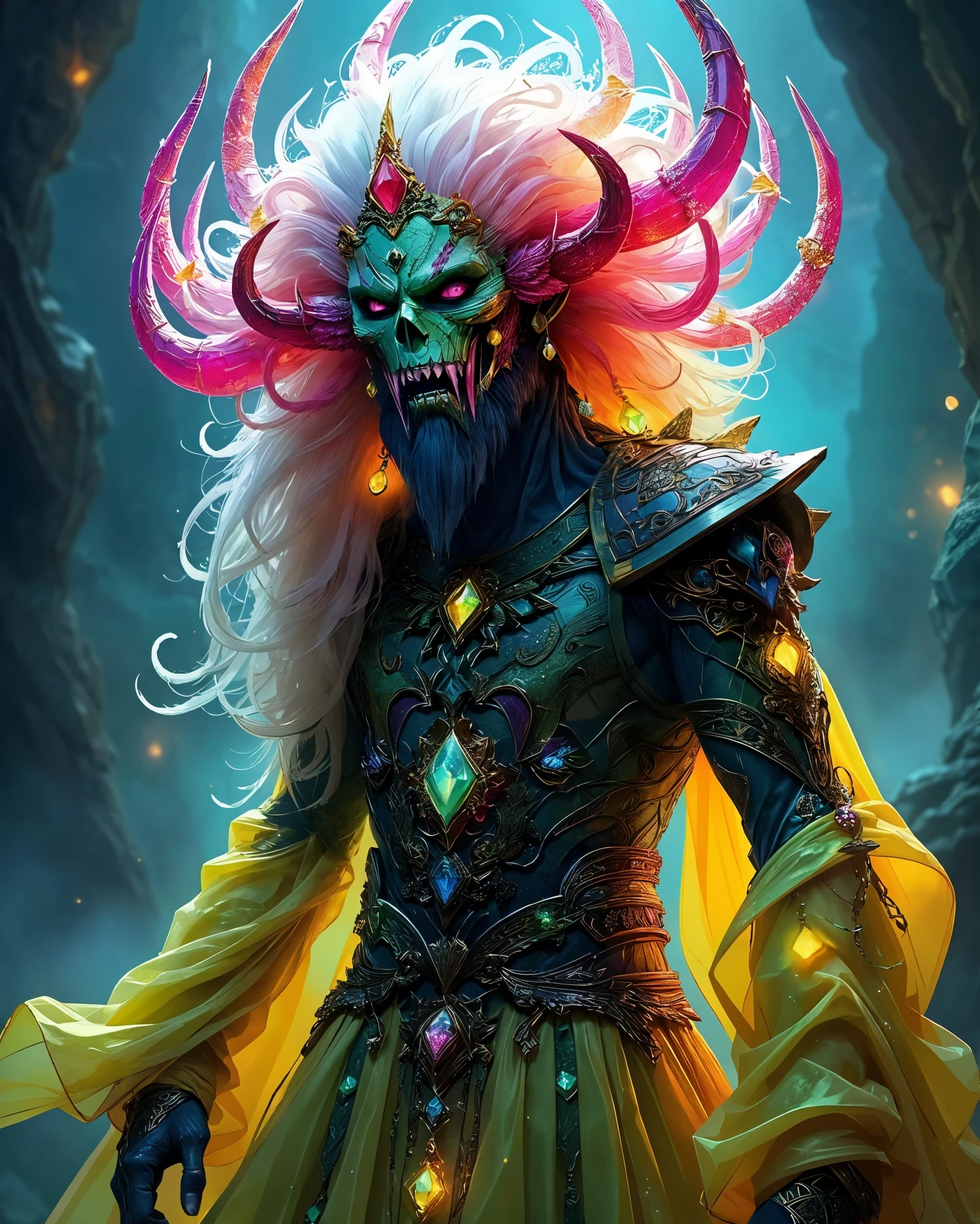 A menacing figure stands in an ethereal, shadowy environment, adorned with a vibrant, jewel-encrusted armor. The character features a skull-like face with glowing eyes and exaggerated horns, complemented by long, flowing white hair. Rich colors and intricate patterns define the ornate outfit, which is accented with large, sparkling gems. The surrounding atmosphere has a mystical ambiance, illuminated by an otherworldly glow.