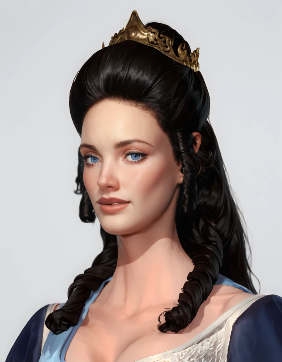 score_9,score_8_up,score_7_up,cathcivv,long_hair,blue_eyes,drill_hair,twin_drills,<lora:Catherine_-_Civilization_V-000003:1>,large breasts,1girl,grey_background,head_tilt,looking_at_viewer,medium_shot,portrait,simple_background,solo,upper_body,neutral_background ,