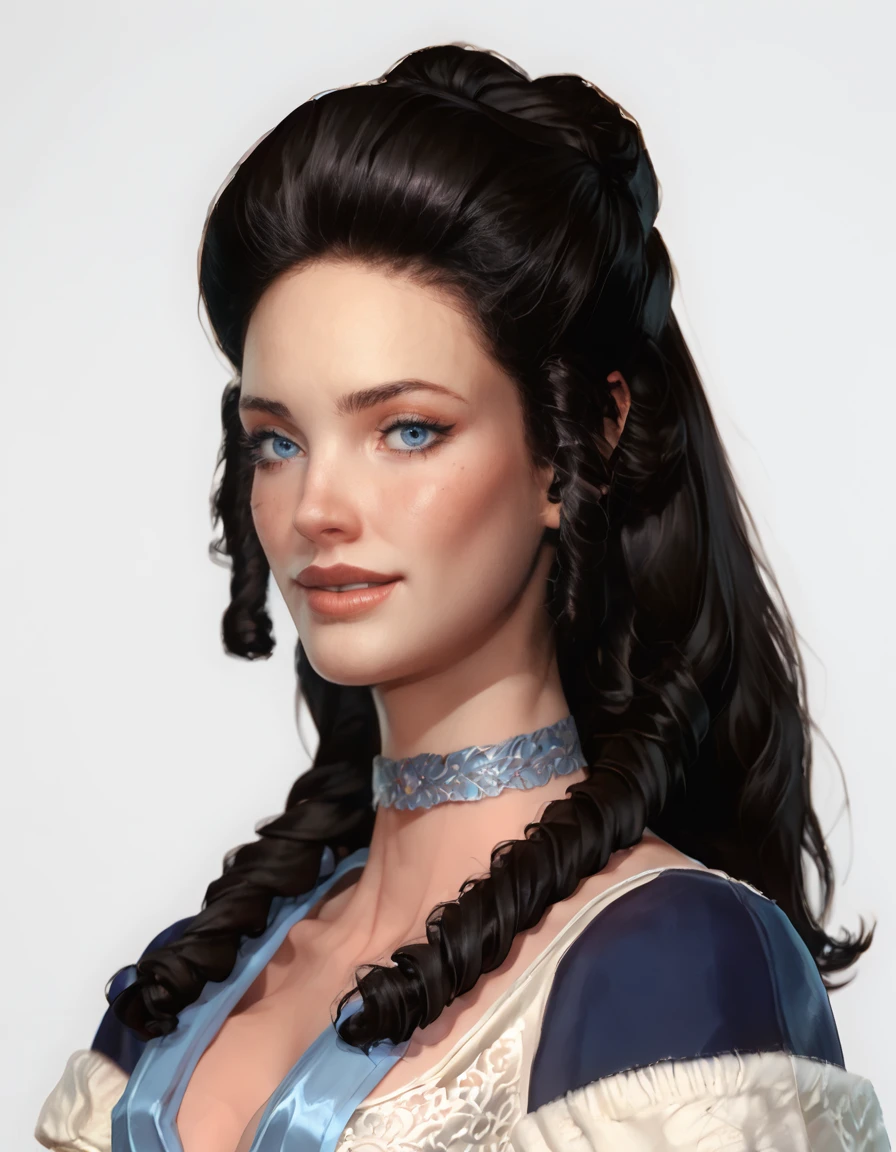 score_9,score_8_up,score_7_up,cathcivv,long_hair,blue_eyes,drill_hair,twin_drills,<lora:Catherine_-_Civilization_V-000003:1>,large breasts,1girl,<lora:g0th1cPXL:0.3>,side view,(detailed face and eyes:1.2),white background,perfect cute face,turning to look at viewer,vibrant colours,cocky smile,choker,(freckles:0.6),eyeshadow,