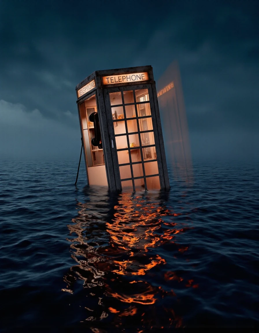 AlaMagna Style. 
A surreal, eerie scene depicting a telephone booth partially submerged in water at night, illuminated by a soft, ethereal light. The phone booth is positioned in the middle of the image, with its reflection shimmering on the surface of the water, creating a sense of depth and mystery. The sky is dark and foggy, adding to the eerie atmosphere. The colors are mostly muted, with some hints of blue and orange, giving the scene a mysterious and eerie feel. The image has a surreal, surreal feel to it, with the phone booth standing out against the stillness of the surrounding water.