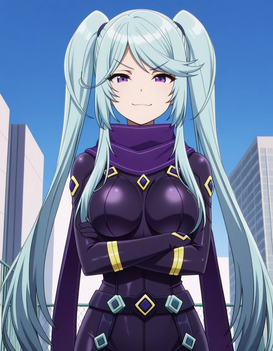 masterpiece, best quality, amazing quality,, <lora:shadow-epsilon-s1-illustriousxl-lora-nochekaiser:1>, epsilon, long hair, twintails, blue hair, purple eyes, sidelocks, mature female, , anime screencap, , scarf, purple scarf, gloves, black gloves,, crossed arms, smug, rooftop, view, height, buildings, sky, cowboy shot, solo, looking at viewer, <lora:transparent-background-illustriousxl-lora-nochekaiser:1>, transparent background, simple background, white background