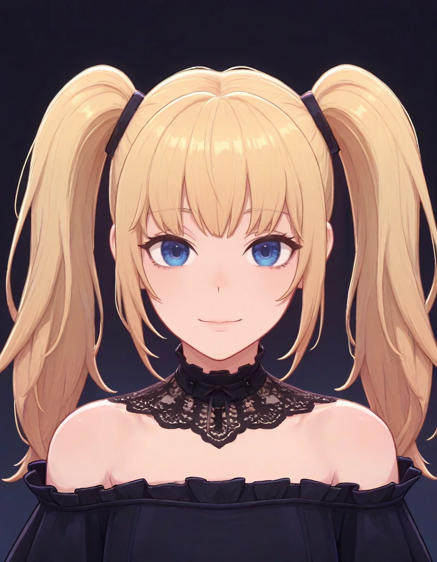 masterpiece, best quality, amazing quality, gradient background,
1girl, looking at viewer, solo, light smile, portrait, upper body, straight-on,
<lora:ani-grok-v2-ixl-web-soralz:1>, ani (grok), long hair, blonde hair, twin tails, blue eyes,
gothic outfit, lace choker, frills, black dress, off-shoulder dress