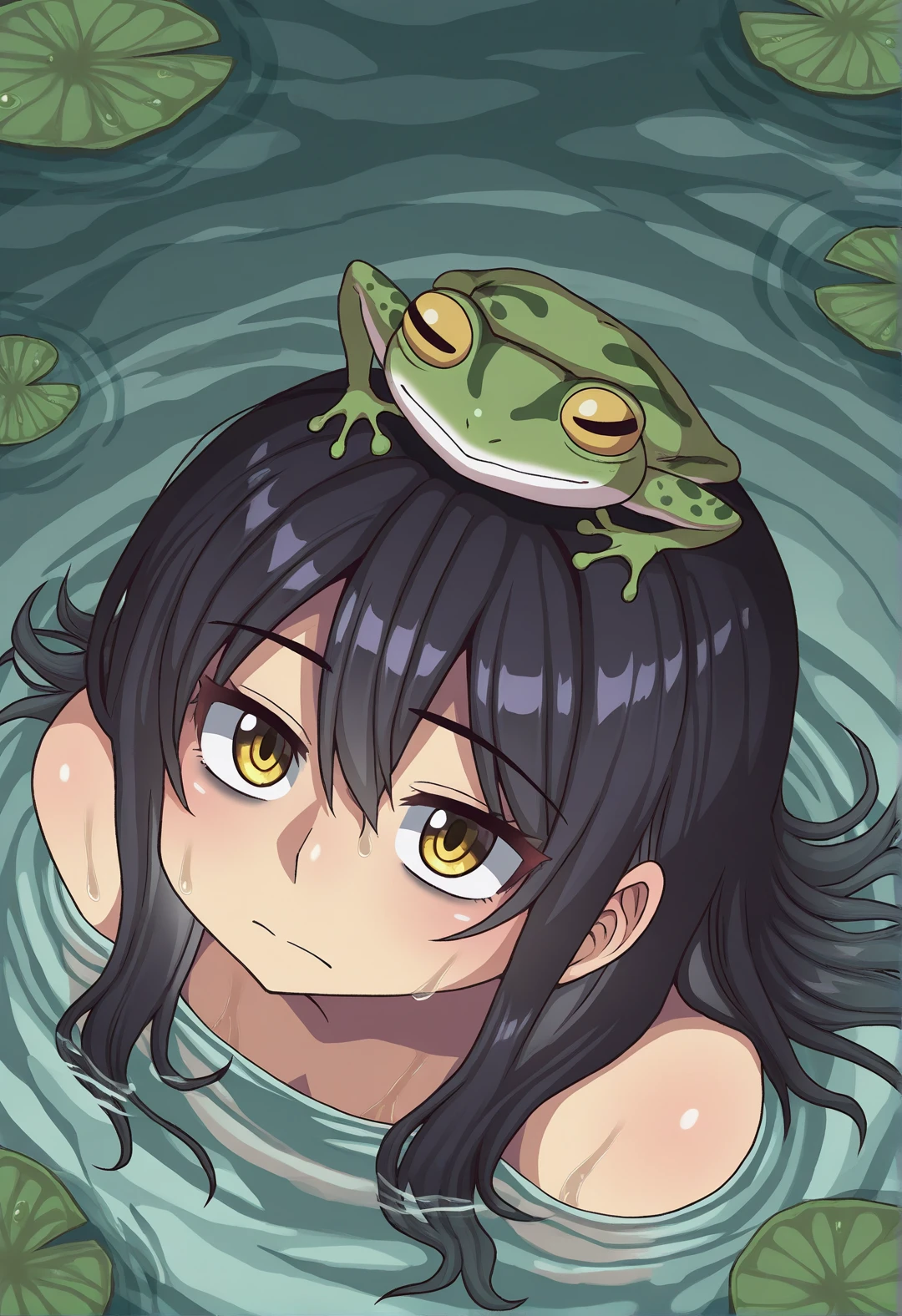 <lora:MCNsVFutanarunNL:1> MCNsVFtnrn,1girl, long hair, looking at viewer, black hair, hair between eyes, closed mouth, yellow eyes, water, wet, looking up, partially submerged, bags under eyes, on head, frog, lily pad, from above, looking up, outdoors,,masterpiece,best quality,amazing quality