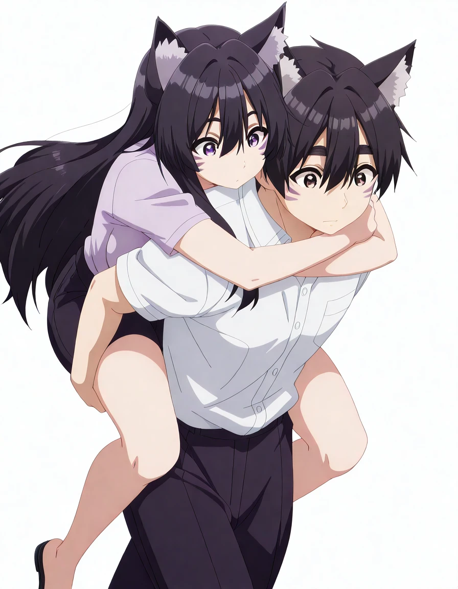 masterpiece, best quality, amazing quality,, <lora:shadow-delta-s1-illustriousxl-lora-nochekaiser:1>, delta, long hair, black hair, animal ears, purple eyes, cat ears, animal ear fluff, facial mark, mature female, medium breasts, anime screencap, <lora:piggyback-illustriousxl-lora-nochekaiser:1>, piggyback, carrying, hetero, carrying person, walking, cowboy shot, breasts press, girl on top, <lora:rentarou-aijou-s2-illustriousxl-lora-nochekaiser:1>, rentarou aijou, black hair, brown eyes, short hair, hair between eyes,, <lora:transparent-background-illustriousxl-lora-nochekaiser:1>, transparent background, simple background, white background