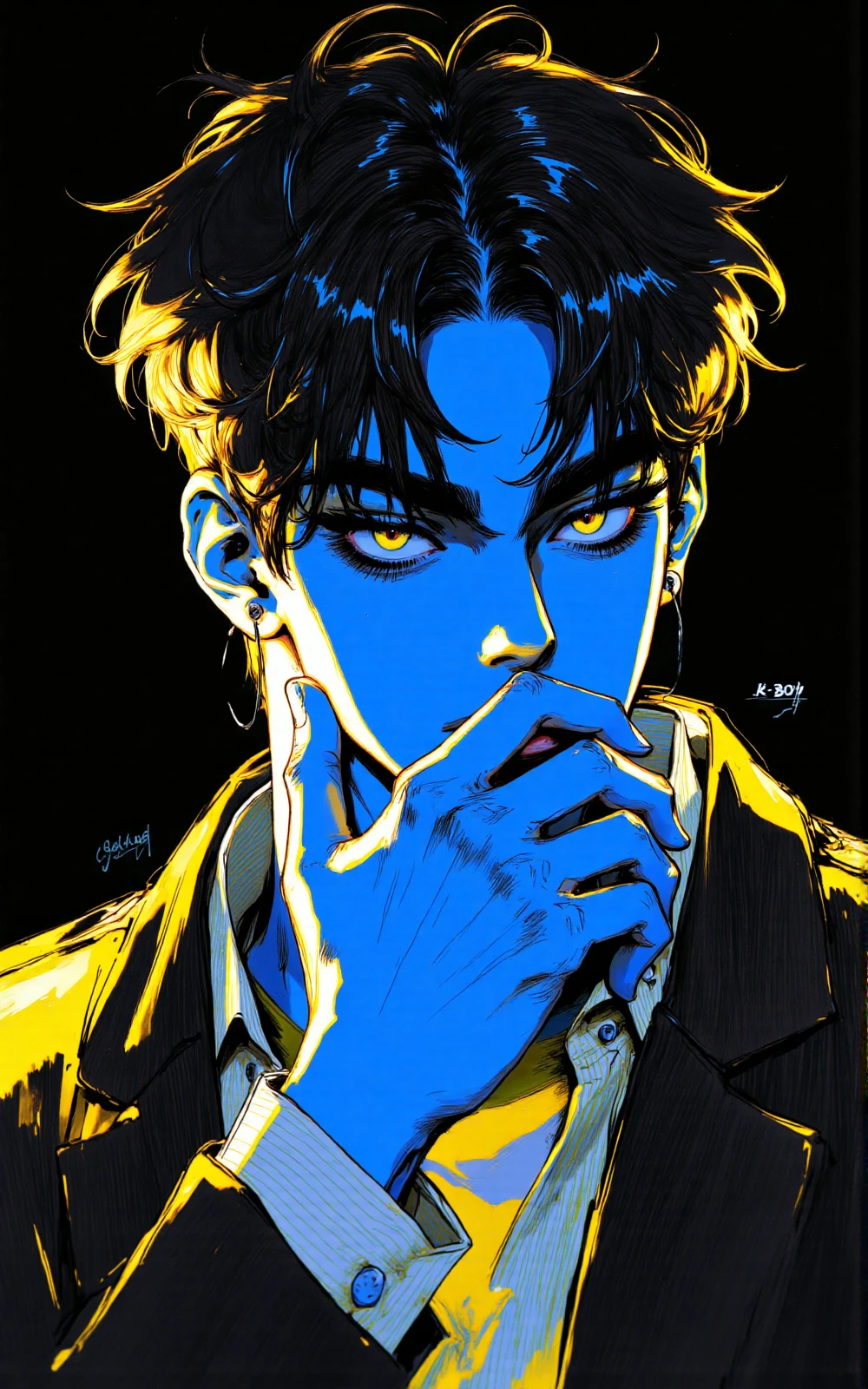 Masterpiece, the best quality, Perfect Hands, perfect face, perfect eyes, shiny skin, shiny, dynamic angle, dynamic pose, (quasarcake:0.7), CuteLatte_ST, ((luminescent, glitch, vivid color, (colorful))), dark theme, oiled, shiny skin, scenery, depth of field, newest, very awa, very aesthetic, masterpiece, best quality, amazing quality, absurdres, glowing, eyelashes, nose, blurry, original, depth of field.
"solo, looking at viewer, short hair, simple background, 1boy, jewelry, closed mouth, jacket, male focus, earrings, black background, portrait, yellow theme, The image features a stylized, colorful portrait of a person with a blue and yellow color scheme. The individual has tousled hair and is wearing a collared shirt with a striped pattern. The background is predominantly black, which contrasts sharply with the bright colors used for the person's face and clothing. The person's ear is visible, adorned with a small hoop earring. The overall style is modern and artistic, with bold lines and vibrant colors." beautiful open pose, demonstrates beauty, model pose, posing,
with a text in the upper right corner that reads "K-BOY".
volumetric lighting, brutalism. Framed at 270mm with a shallow depth of field.
art, colored pencil, sketch, painting, paper texture,art_solyanka,long contrasting eyelashes,thick contrasting eyebrows,lowered eyelashes,Drauka_style,dal