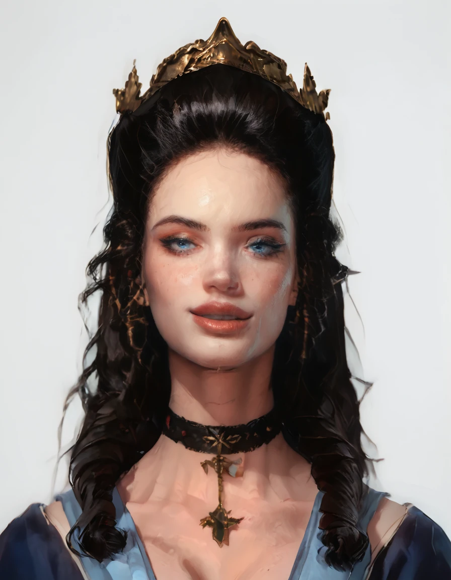 score_9,score_8_up,score_7_up,cathcivv,long_hair,blue_eyes,drill_hair,twin_drills,<lora:Catherine_-_Civilization_V-000003:1>,large breasts,1girl,<lora:g0th1cPXL:1>,side view,(detailed face and eyes:1.2),white background,perfect cute face,turning to look at viewer,vibrant colours,cocky smile,choker,(freckles:0.6),eyeshadow,