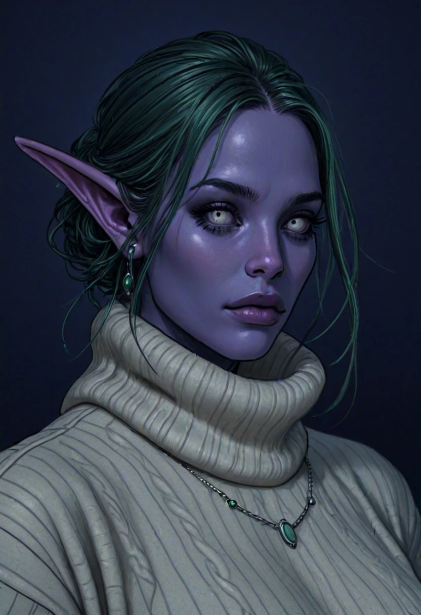 nh_stl, LovingIt,
dark background, simple background, masterwork, masterpiece, best quality, (realistic:1.2), (lineless:1.2), detailed, vignetting contrast, portrait, solo, upper body only, ne_y53r4, purple skin, green hair, white sclera, turtleneck sweater, baggy sweater, jewelry,