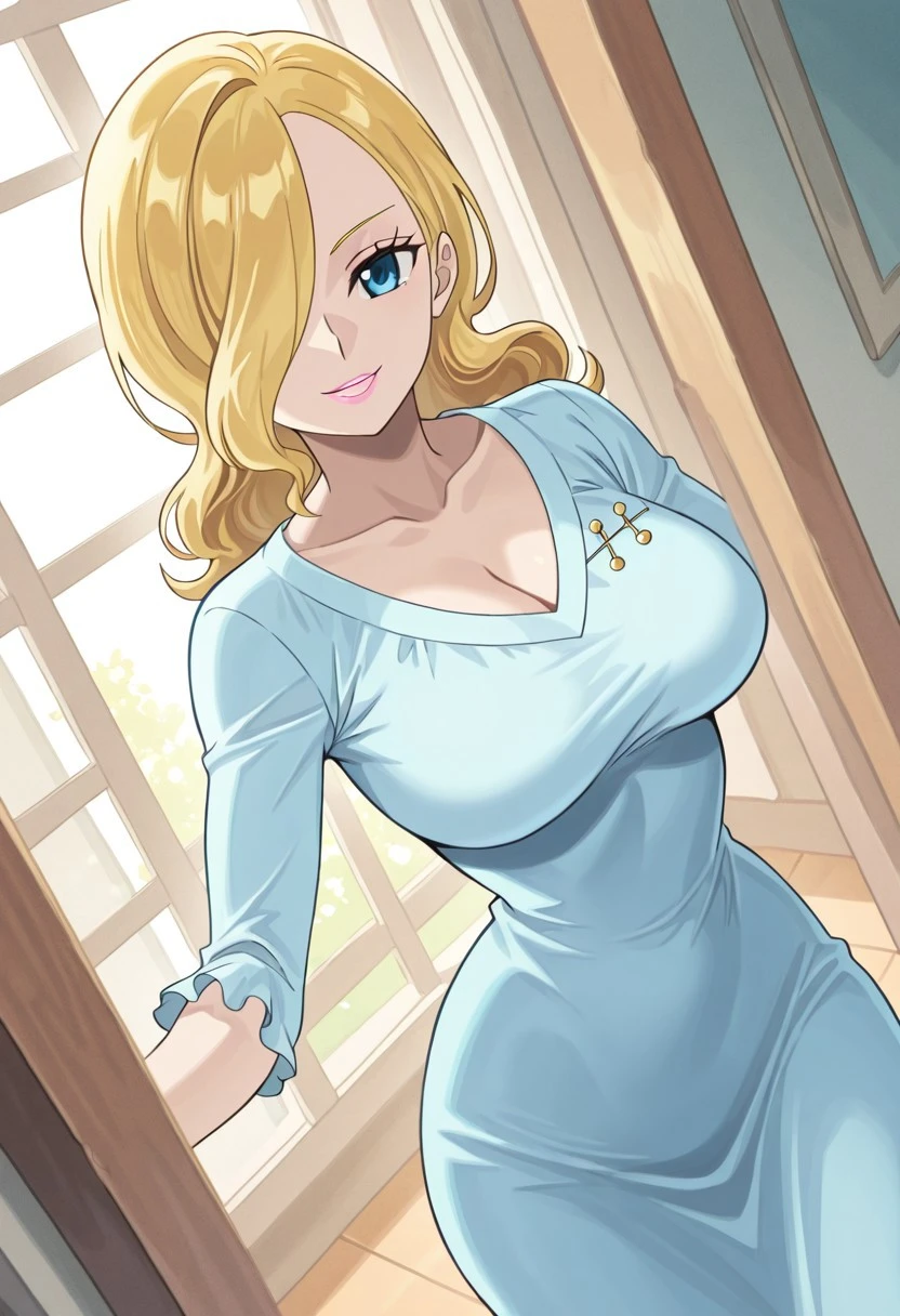 VinsmokeSoraOP, 1girl, solo, pale skin, long hair, blonde hair, curly hair, hair over one eye, dark blue eyes, full lips, pink lipstick, makeup, large breast, long dress, light blue dress, dress ornament, elbow length sleeves, cleavage, collarbone, thick thighs, frills, barefoot,
masterpiece, best quality, fine details, intricate details, depth of field, subsurface scattering, bokeh, ultra-detailed, very aesthetic, detailed background, newest, scenery, highres, absurdres, colorful, vibrant, glowing, perfect face, 2d, perfect eyes, vibrant saturated colors, volumetric lighting, sharp, detailed eyes, perfect anatomy, perfect face, perfect eyes, mature body, clear eyes, beautiful eyes, athletic, curvy body, athletic girl, perky tits, perfect tits, round breasts, pinup pose, teasing, lustful expression, perfect hands,
muscular female, dutch angle, dynamic pose,
,Smooth Negative, Smooth_Quality,