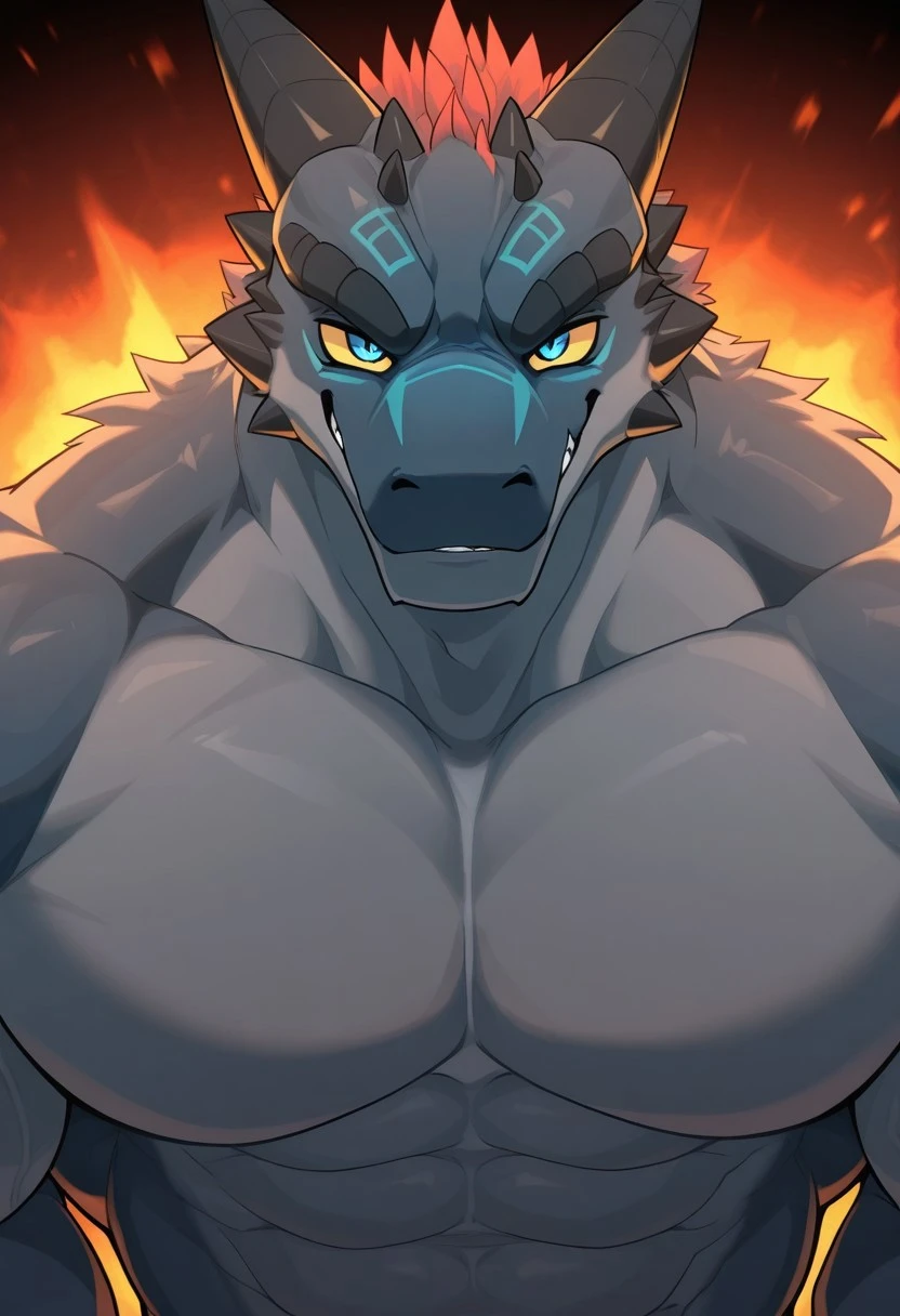 (masterpiece), (best quality), (anthro furry:1.3, anthro:1.3, furry:1.2, solo female:1.2), (snout:1.2), (extremely detailed:1.3), (extremely curvaceous figure, extremely muscular figure), (massive breasts), (massive thighs), (massive butt), (confident expression), lava background, nude, anthropomorphic black dragon, standing, crossed arms, red eyes