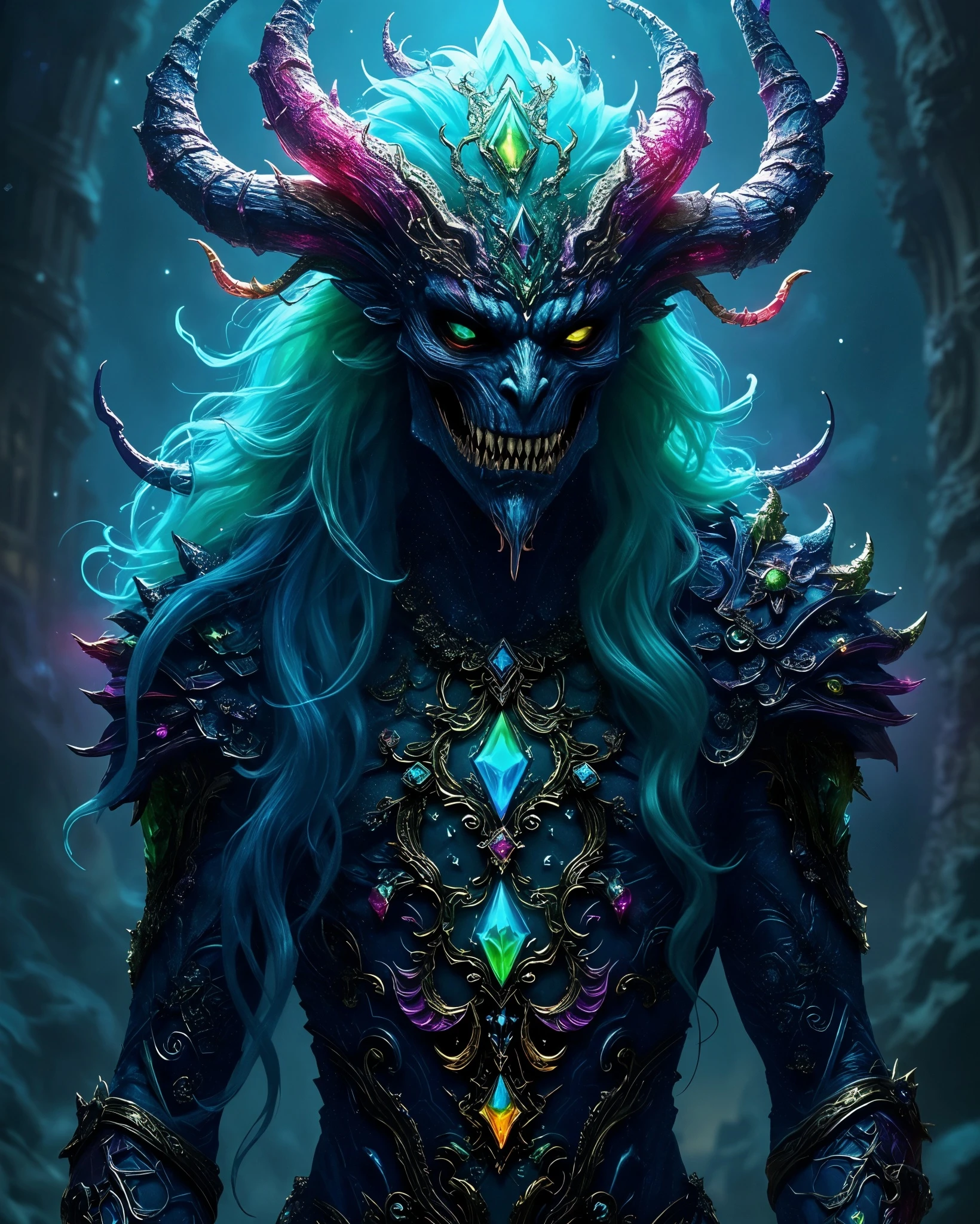 A fantastical, menacing figure with blue skin and long, flowing turquoise hair stands in a dark, ethereal environment. The character features elaborate, jewel-encrusted armor adorned with intricate designs and glowing gemstones in shades of green, blue, and purple. Tall, twisting black horns emerge from its head, framing a fierce, skeletal face with piercing yellow eyes and a wide, menacing grin. The background is shadowy and mysterious, enhancing the otherworldly vibe of the scene.