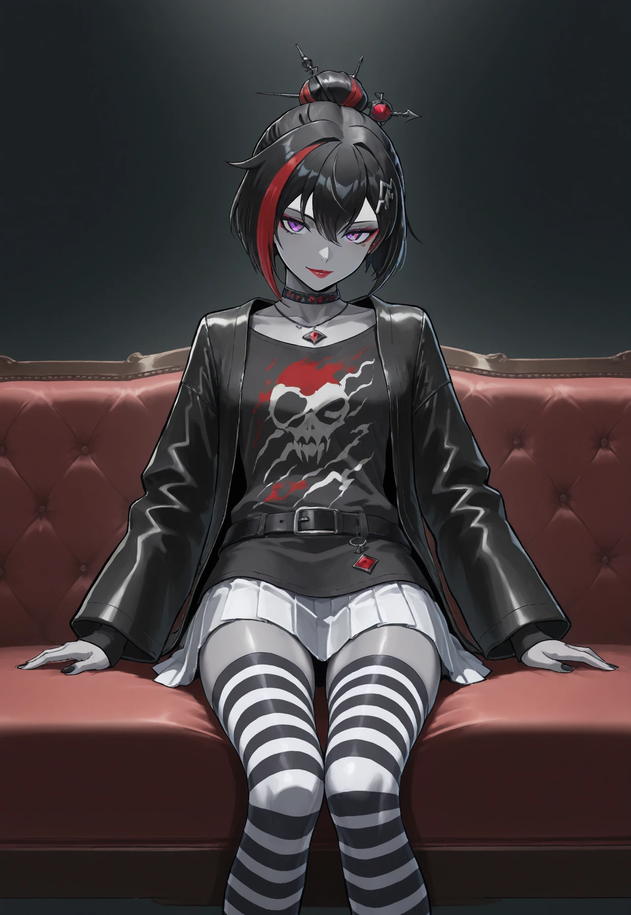 looking at viewer, sitting on couch,  face,  

MiyakoF, 1girl, solo, grey skin, multicolored hair, streaked hair, red hair, black hair, short hair, hair ornament, hair bun, purple eyes, red lips, choker, necklace, jacket, long sleeves, shirt, belt, pleated white skirt, striped thighhighs,
   

absurdres, newest, masterpiece, best quality, very aesthetic, MythAn1m3,  