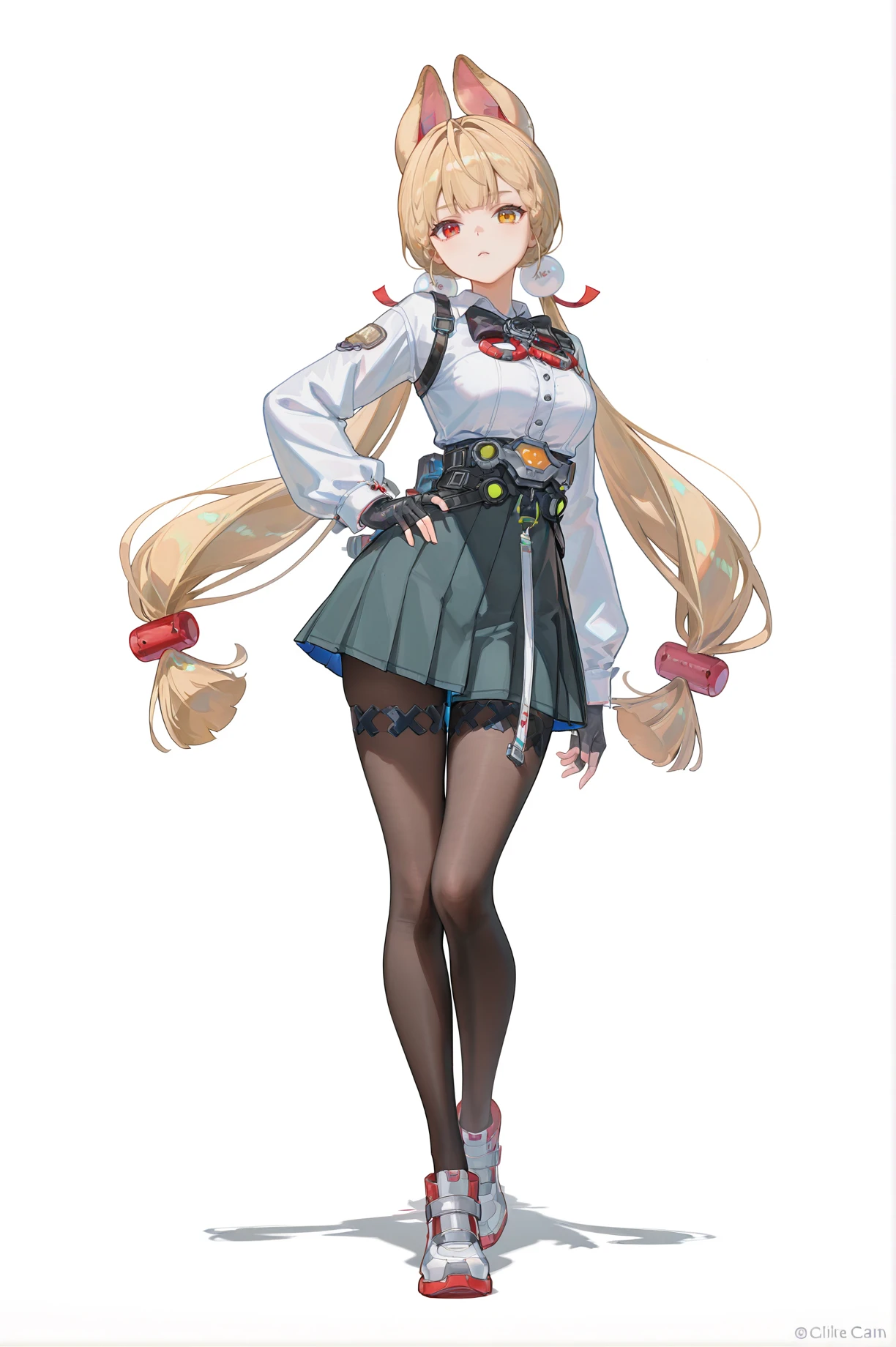 8k,best quality,masterpiece,(ultra-detailed),(high detailed skin),
((artist:reoen),(artist:fuzichoco),(artist:atdan),(artist:torino_aqua),year 2024:0.8)1girl,[artist:wlop],[artist:ningen_mame],artist:ciloranko,[[artist:rhasta]],artist:tidsean,colorful,
jijia,2d,ambient light,
full body,full shot,standing,looking at viewer,(solo:1.2),simple background,(white background:1.2),hand on own hip,(white background:1.1),
<lora:fuaizzz-ill-Tanger:0.8>,
Alice Thymefield (Zenless Zone Zero),clothes: Alicedef clothes,heterochromiam,red eye,yellow eye,Alicedef white shirt,1girl,solo,pantyhose,long hair,Alice animal ears,blonde hair,heterochromia,Alicedef black skirt,twintails,breasts,gloves,black pantyhose,bow,