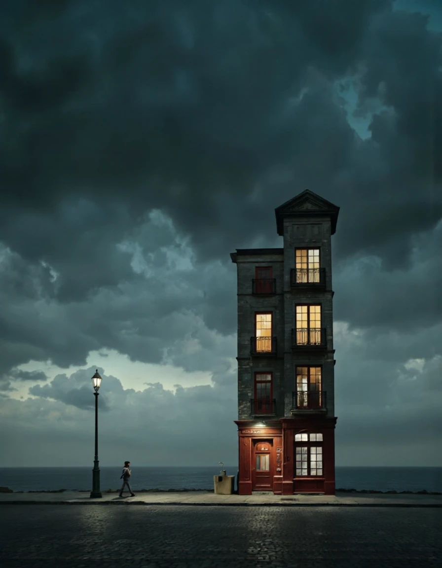 AlaMagna Style.
A man walking alone on a cobblestone street in front of a tall, multi-story building with red doors and windows lit up at night. The sky is dark and stormy, with ominous clouds looming overhead. The man is silhouetted against the ominous sky, and a streetlamp casts a warm glow on the building. The building stands tall and imposing, with the ocean in the background providing a stark contrast. The overall mood is eerie and foreboding, creating a sense of loneliness and isolation.
