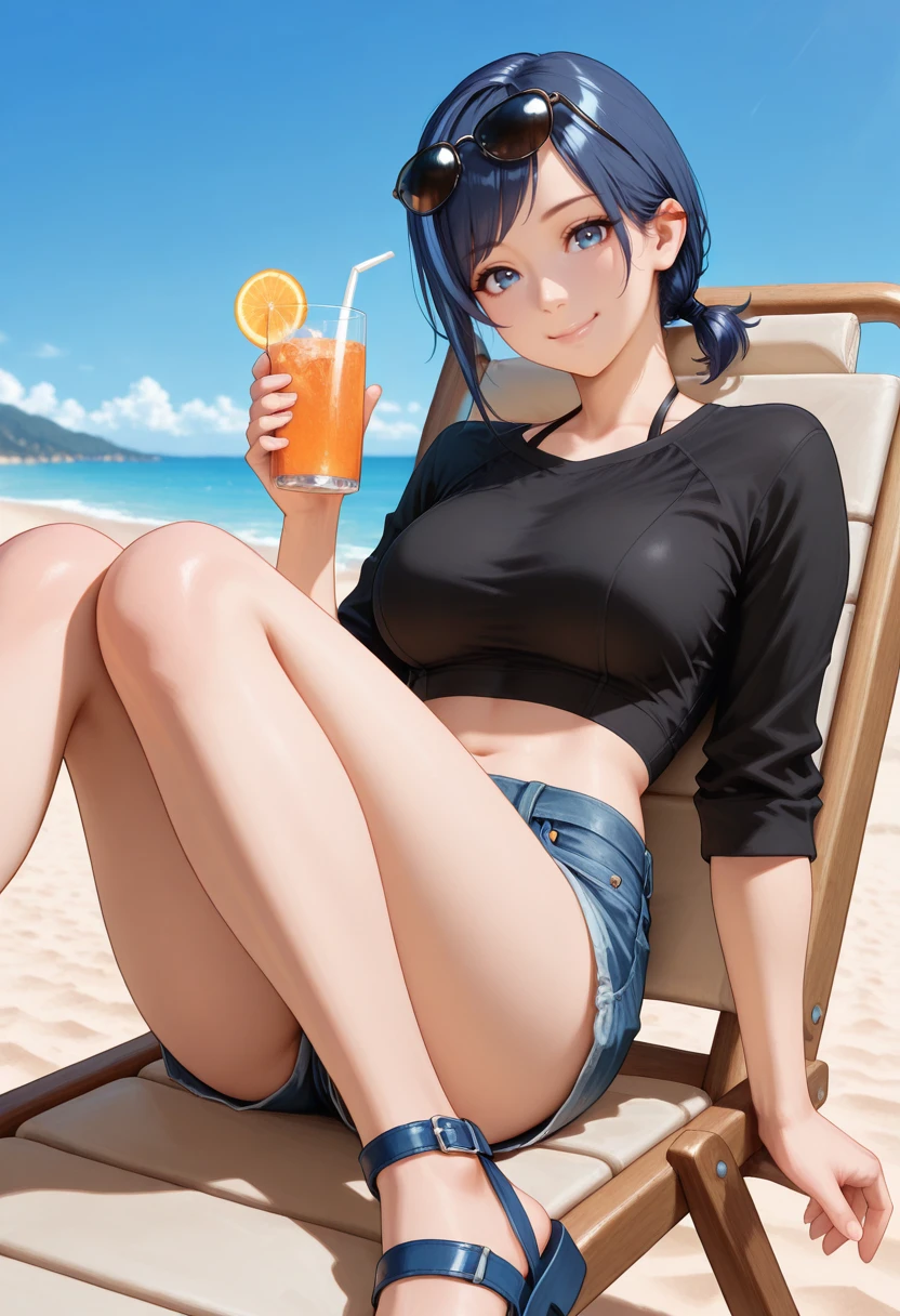 masterpiece, best quality, newest, absurdres, highres , <lora:ReikaDOAXVVIllustriousXL:0.9>, REIK4XVV, blue hair, single sidelock, streaked hair, low ponytail, smile, sitting, beach, sand, blue sky, looking at viewer, blue sandals, black shirt, midriff, denim shorts, breasts, 1girl, solo, holding drink, beach chair, eyewear on head, sunglasses, close up,