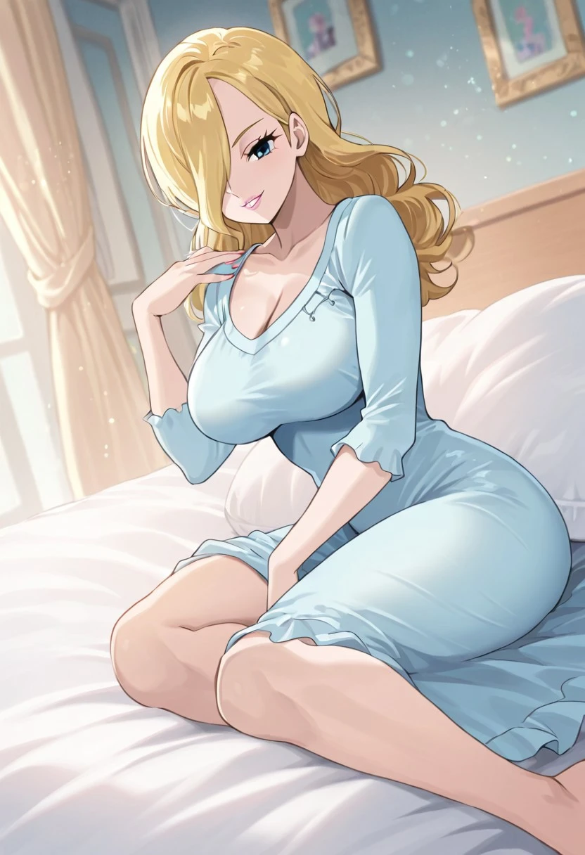 VinsmokeSoraOP, 1girl, solo, pale skin, long hair, blonde hair, curly hair, hair over one eye, dark blue eyes, full lips, pink lipstick, makeup, large breast, long dress, light blue dress, dress ornament, elbow length sleeves, cleavage, collarbone, thick thighs, frills, barefoot,
masterpiece, best quality, fine details, intricate details, depth of field, subsurface scattering, bokeh, ultra-detailed, very aesthetic, detailed background, newest, scenery, highres, absurdres, colorful, vibrant, glowing, perfect face, 2d, perfect eyes, vibrant saturated colors, volumetric lighting, sharp, detailed eyes, perfect anatomy, perfect face, perfect eyes, mature body, clear eyes, beautiful eyes, athletic, curvy body, athletic girl, perky tits, perfect tits, round breasts, pinup pose, teasing, lustful expression, perfect hands,
muscular female, dutch angle, dynamic pose,
,Smooth Negative, Smooth_Quality,