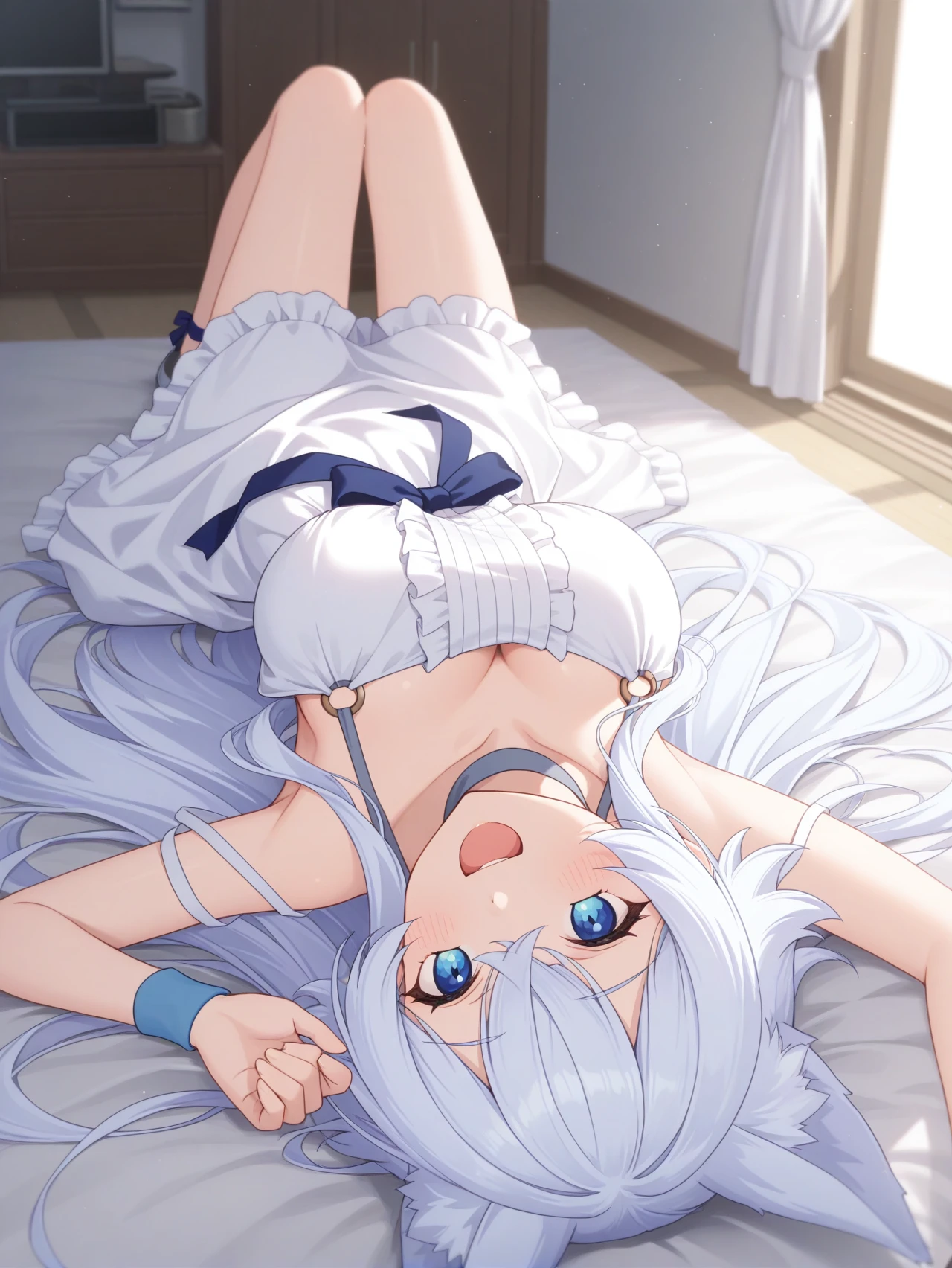 anime girl laying on bed with petals on the bed, seductive anime girl, nightcore, laying on a bed, lying at the bed, top rated on pixiv, ahegao, rem rezero, smooth anime cg art, anime visual of a cute girl, splash art anime loli, laying in bed, loli in dress, anime wallaper, mikudayo,LIGHT BLUE EYES,LIGHT BLUE  LONG HAIR