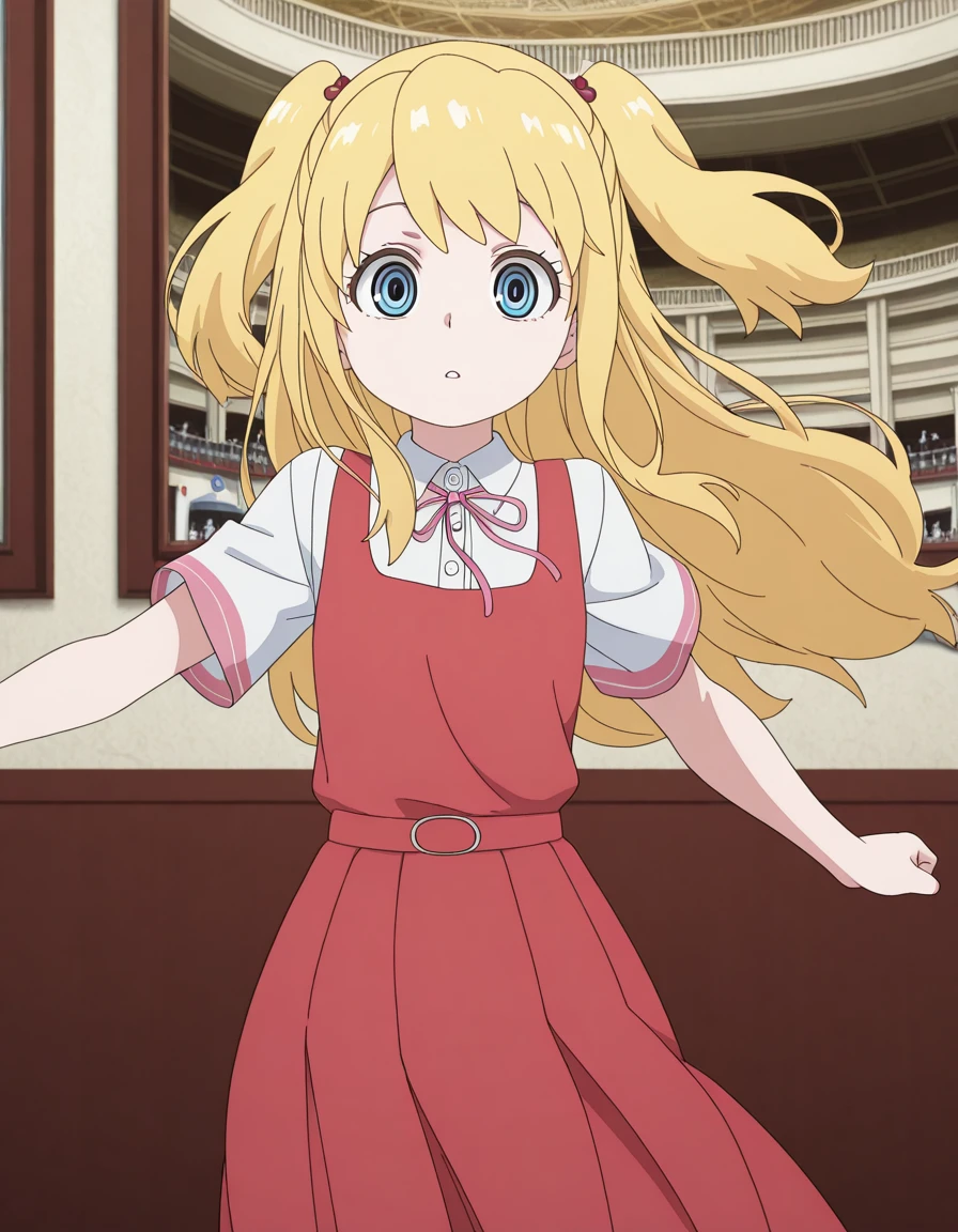 masterpiece, best quality, amazing quality,, <lora:nodoka-ametsuchi-s1-illustriousxl-lora-nochekaiser:1>, nodoka ametsuchi, long hair, blue eyes, blonde hair, hair ornament, two side up, anime screencap, skirt, shirt, ribbon, short sleeves, neck ribbon, red dress,, <lora:dynamic-pose-illustriousxl-lora-nochekaiser:1>, dynamic pose, midair, cowboy shot, museum, exhibits, art, history, visitors, cowboy shot, solo, looking at viewer,