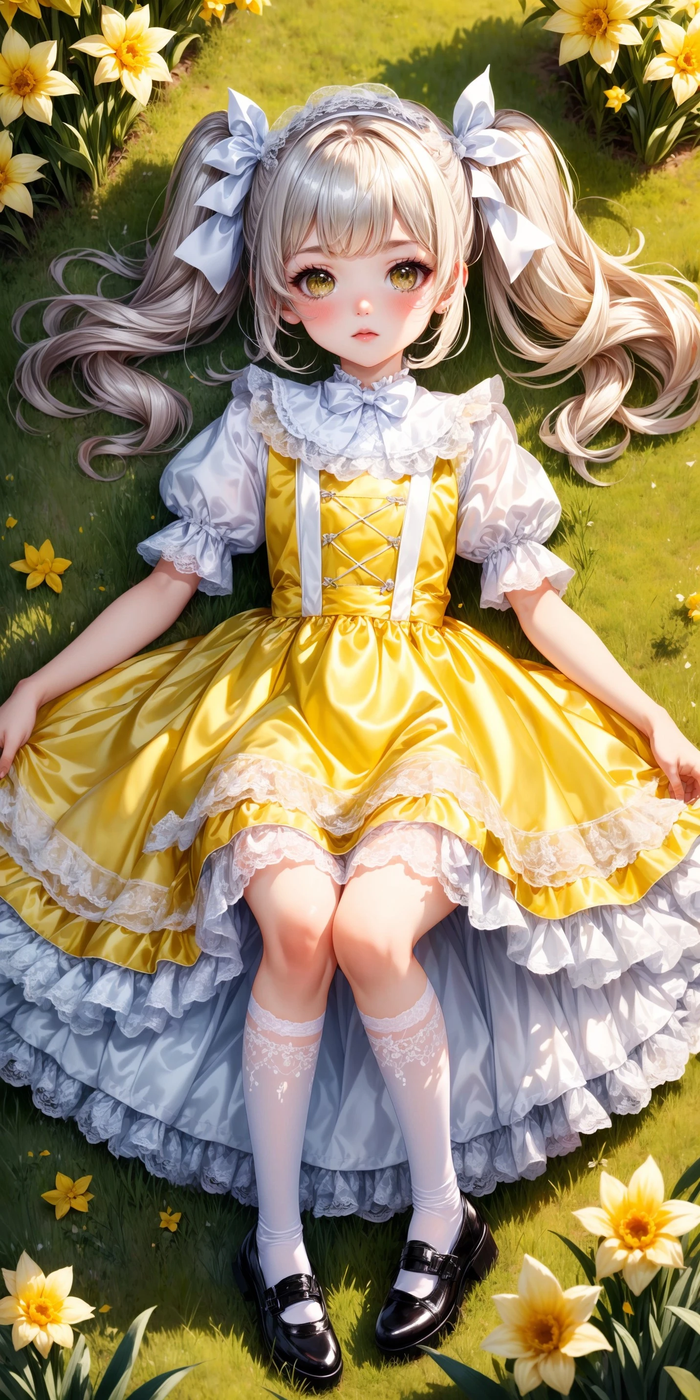Yellow and White Lace Brocade Shiny Satin Dress v1.0