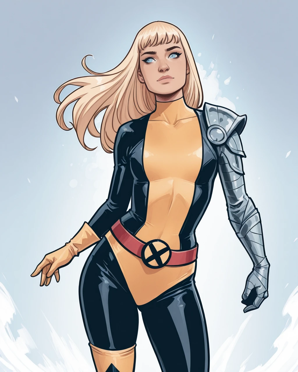 masterpiece, best quality, absurdres, perfect quality, absolutely eye-catching,  <lora:CasparWijngaardIllus:0.8> casparw,   <lora:Magik ClassicilluLoRA:1> mgik, long hair, bangs, single gauntlet, bodysuit, single glove, shoulder armor, belt, asymmetrical legwear, blue eyes