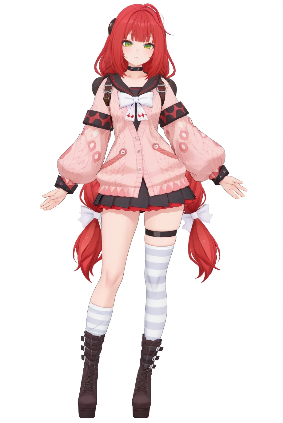 8k,best quality,masterpiece,(ultra-detailed),(high detailed skin),(by nanoless, by misumi \(macaroni\),:0.5),
A full-body portrait of a young girl,standing gracefully,pastel art style,high-key lighting,shoujo manga influence,hd quality,delicate details,
full body,full shot,standing,looking at viewer,(solo:1.2),simple background,(white background:1.2),
<lora:fuaizzz-sd-Tanger:0.85>,
Ukinami Yuzuha \(Zenless Zone Zero\),clothes: Yuzuhadef clothes,single thighhigh,1girl,green eyes,long hair,red hair,striped,boots,Yuzuhadef skirt,looking at viewer,cardigan,very long hair,simple background,bangs,asymmetrical legwear,long sleeves,choker,twin braids,white bow,socks,