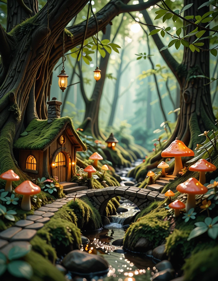 Deep within an enchanted forest, hidden beneath the mossy roots of ancient trees and glowing mushrooms, lies a miniature fairy village. Tiny, luminescent cottages made from acorns, bark, and shimmering crystal leaves are nestled among winding roots and soft green moss. Delicate stone bridges arch over trickling brooks that sparkle with magic-infused water. Lanterns made from hollowed-out firefly shells hang from branches, casting a gentle golden glow across the village paths made of polished pebbles and flower petals. The air is filled with the scent of wildflowers and sweet nectar, and the gentle hum of unseen wings occasionally stirs the leaves. Above, shafts of sunlight break through the dense canopy, illuminating the scene like a dream. Everything feels alive, vibrant, and timelessâas if the forest itself protects and nurtures this hidden, magical haven.miniature fairy v1ll4g3, <lora:miniature_fairy_v1ll4g3-i:1>, Masterpiece,best quality,hi res,8k,hi res,8k,award winning,(sharp focus, intricate, highly detailed),