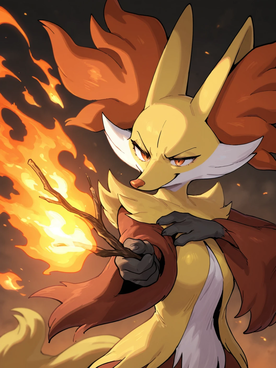 (1girl:1.2), (general:1.3), (masterpiece:1.2), newest, <lora:IchiroBattingStance_ill_v01:1.4> ichiro, (holding, holding branch, branch:1.2), v-shaped eyebrows, outstretched arm, (hand on own shoulder:0.7), upper body, smirk, fire, delphox, furry, fire on top of branch,